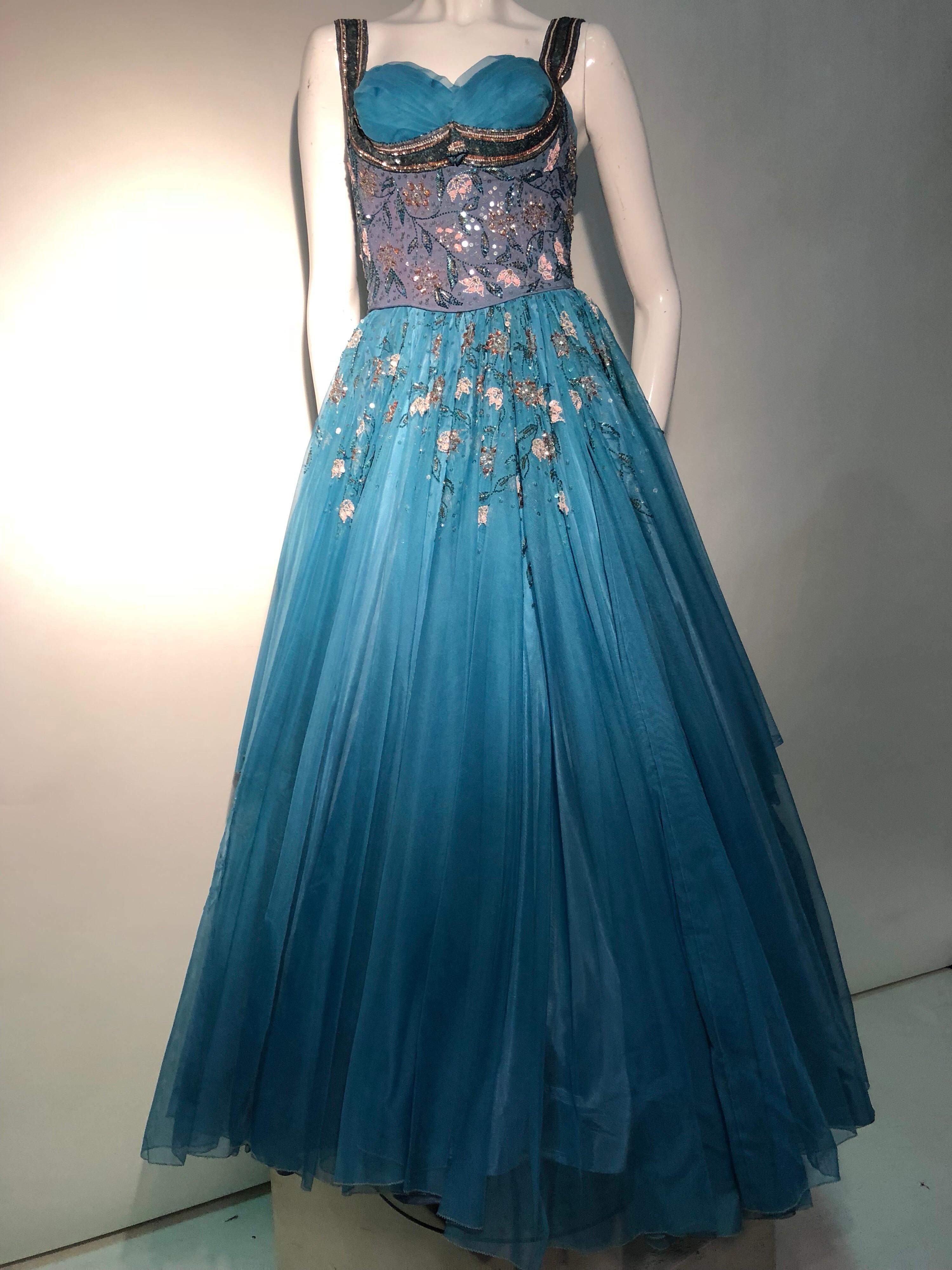 1950s MGM Mme. Etoile by Irene Sharaff Couture Ball Gown in Deep Teal Silk For Sale 1