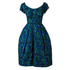 1950's Michael Novarese Couture Azul Verde Floral Vestido Esculpido en Seda-Brocade