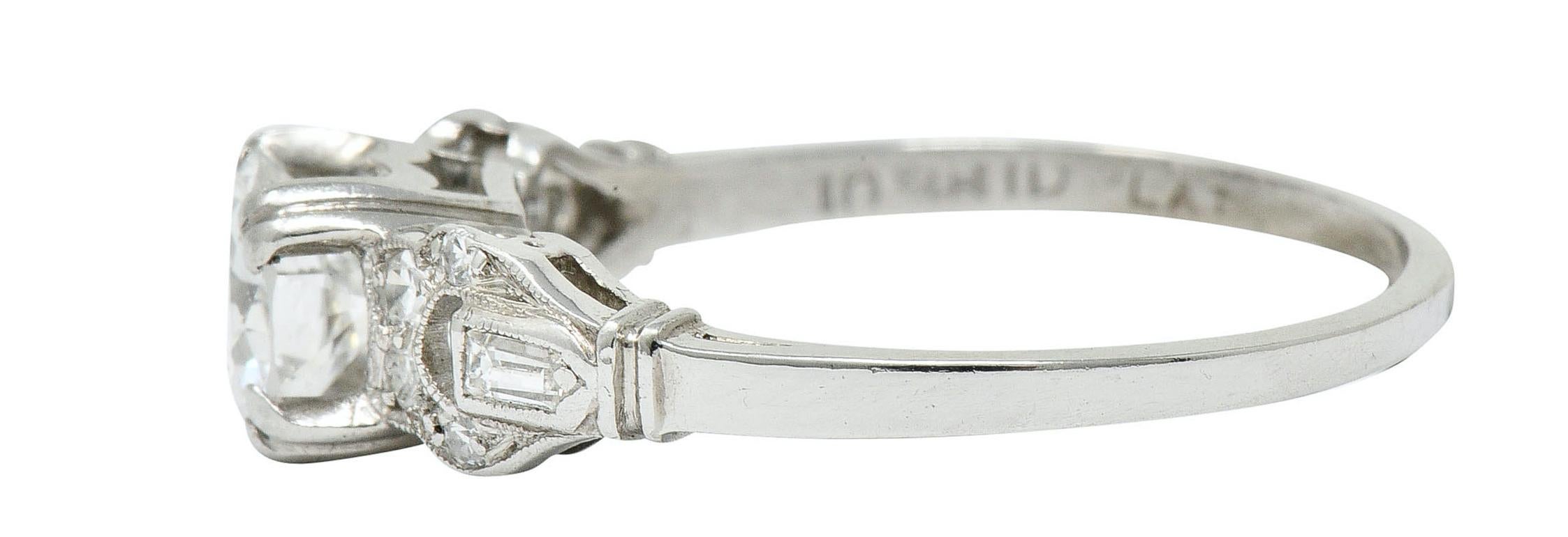 1950s Midcentury 0.89 Carat Diamond Platinum Buckle Engagement Ring In Excellent Condition In Philadelphia, PA