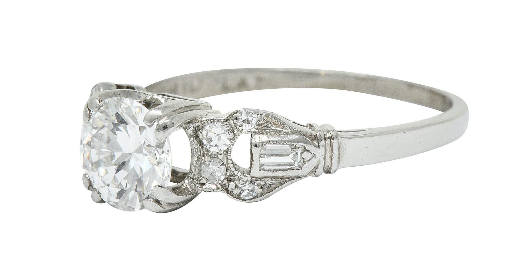Women's or Men's 1950s Midcentury 0.89 Carat Diamond Platinum Buckle Engagement Ring