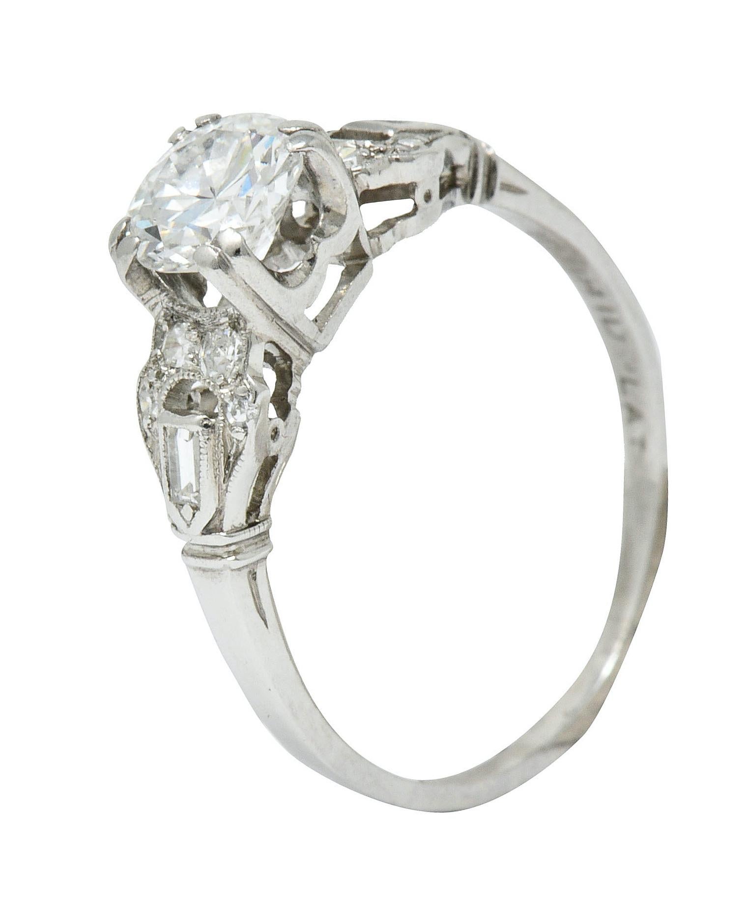 1950s Midcentury 0.89 Carat Diamond Platinum Buckle Engagement Ring 3