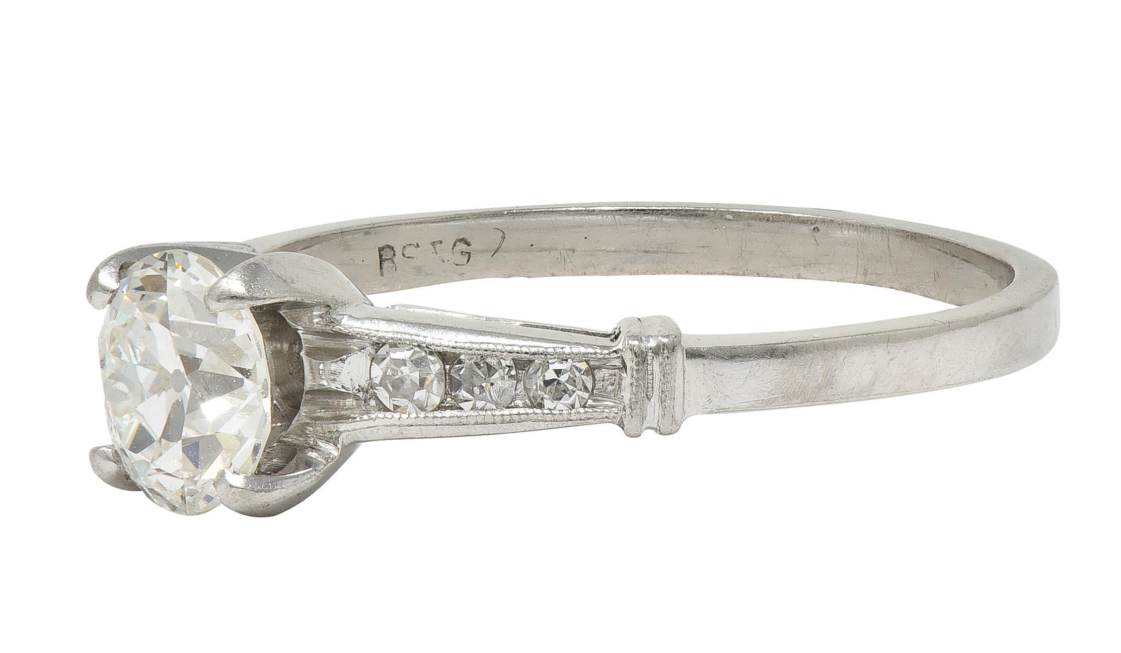 Anillo de compromiso de platino con diamantes talla europea antigua de mediados de los años 50 de 1,05 CTW en Excelente estado para la venta en Philadelphia, PA