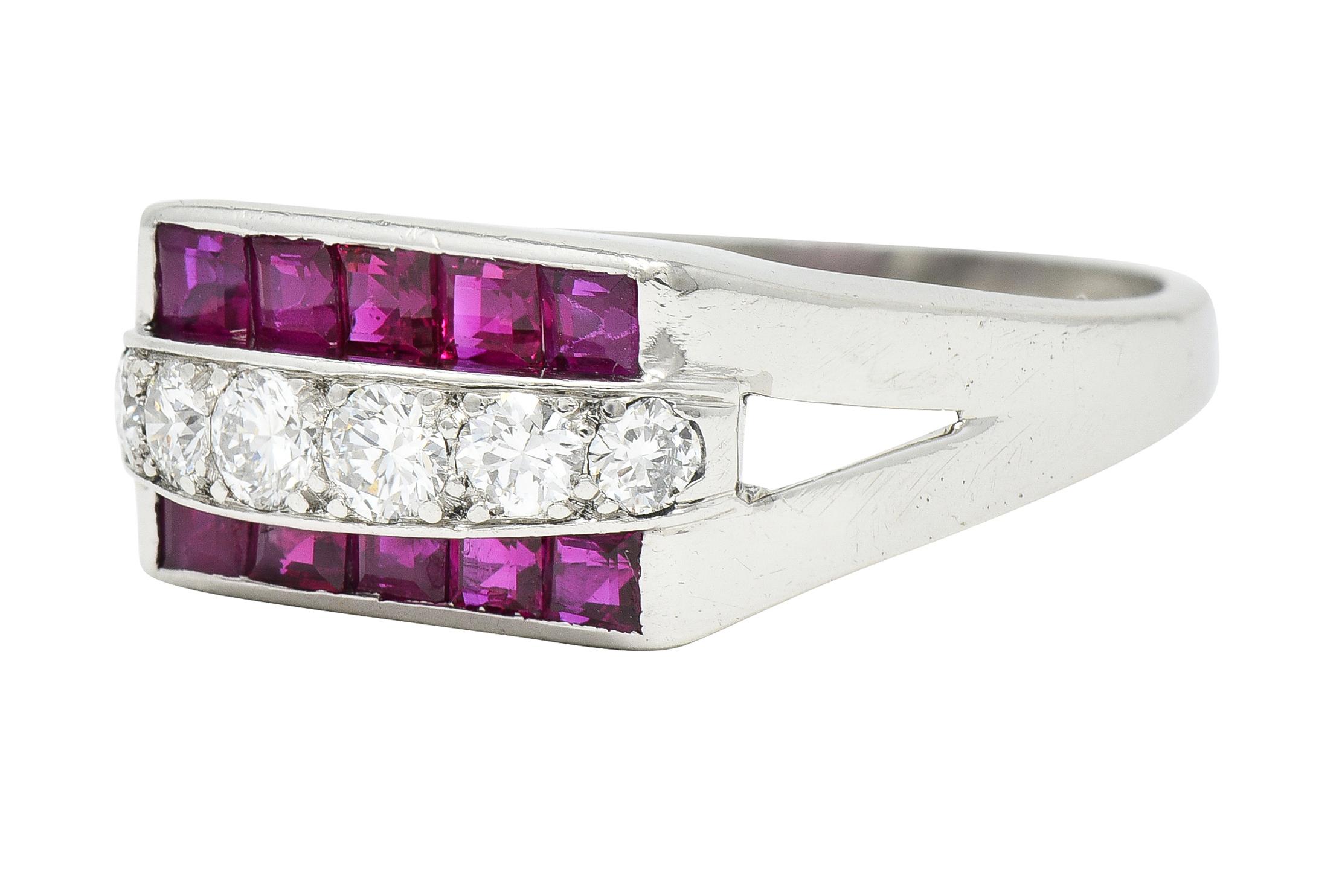 1950's Mid-Century 1.05 CTW Ruby Diamond Platinum Band Ring For Sale 2
