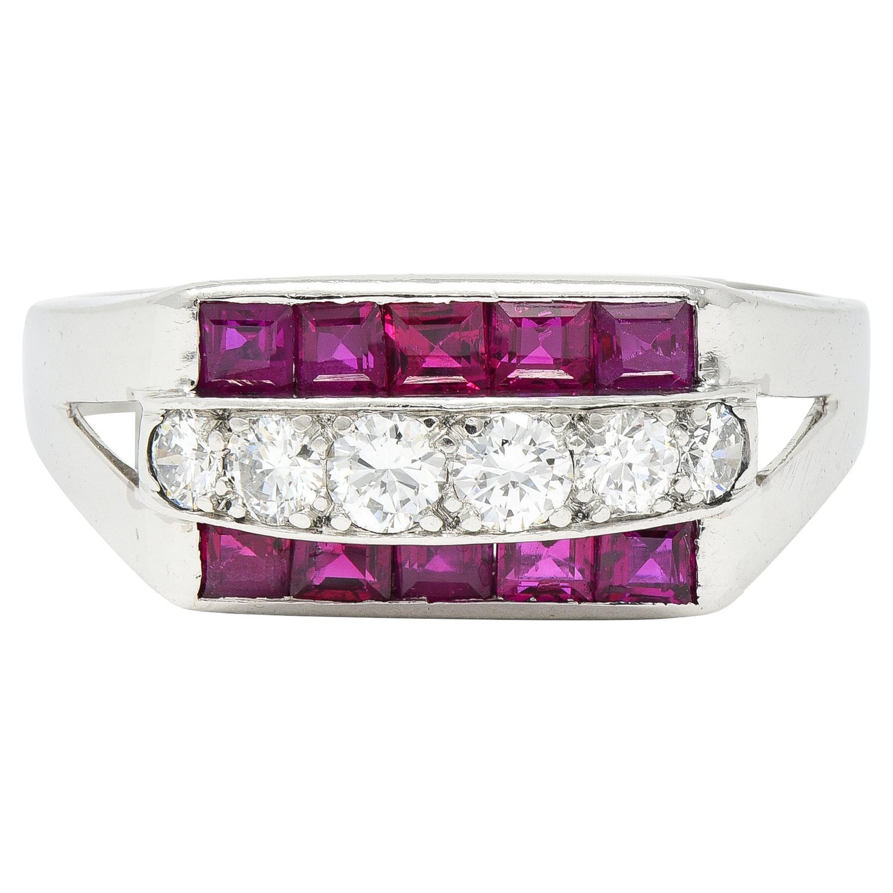 1950's Mid-Century 1.05 CTW Ruby Diamond Platinum Band Ring For Sale