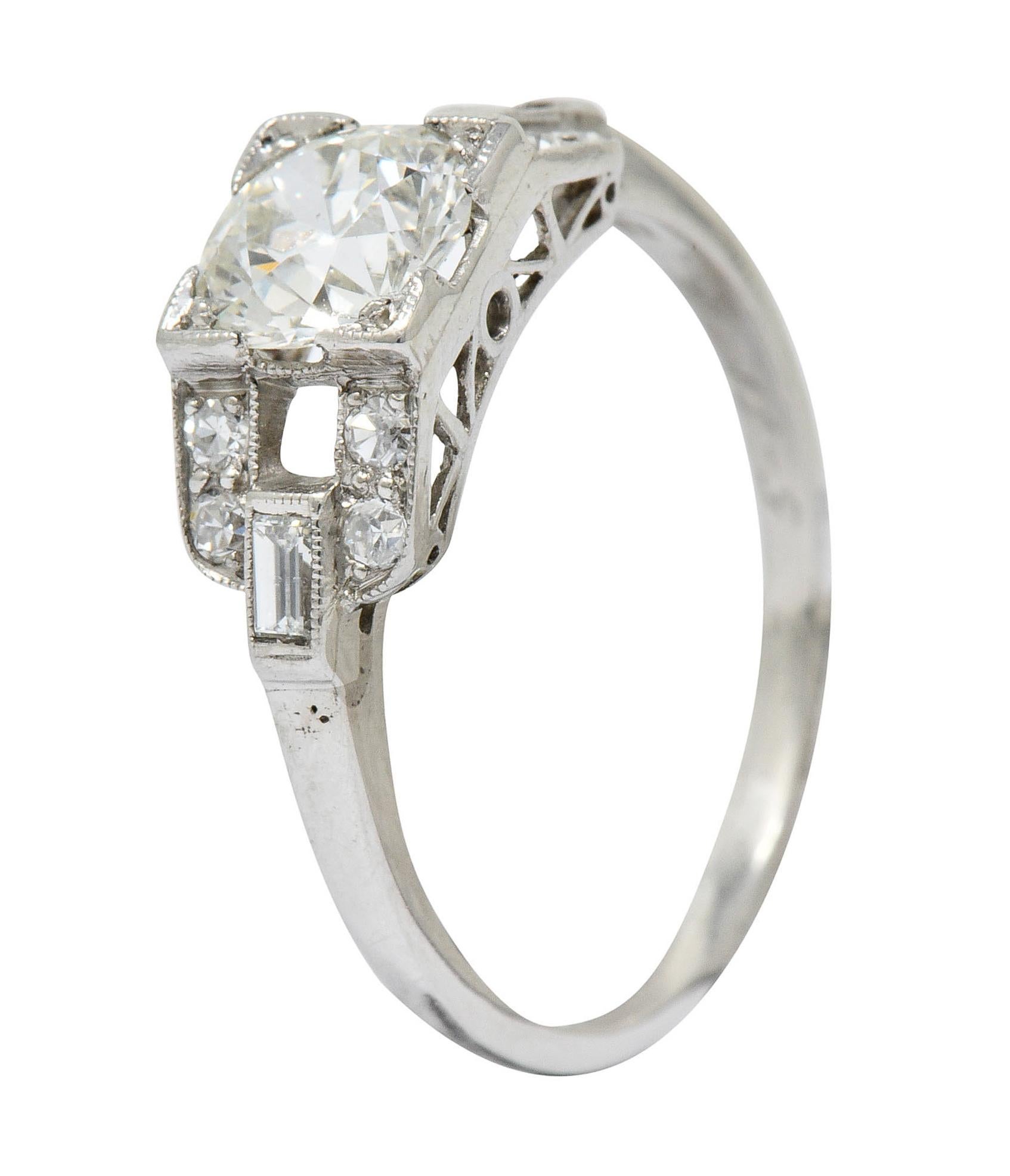 1950's Mid-Century 1.07 CTW Diamond Platinum Buckle Engagement Ring For Sale 4