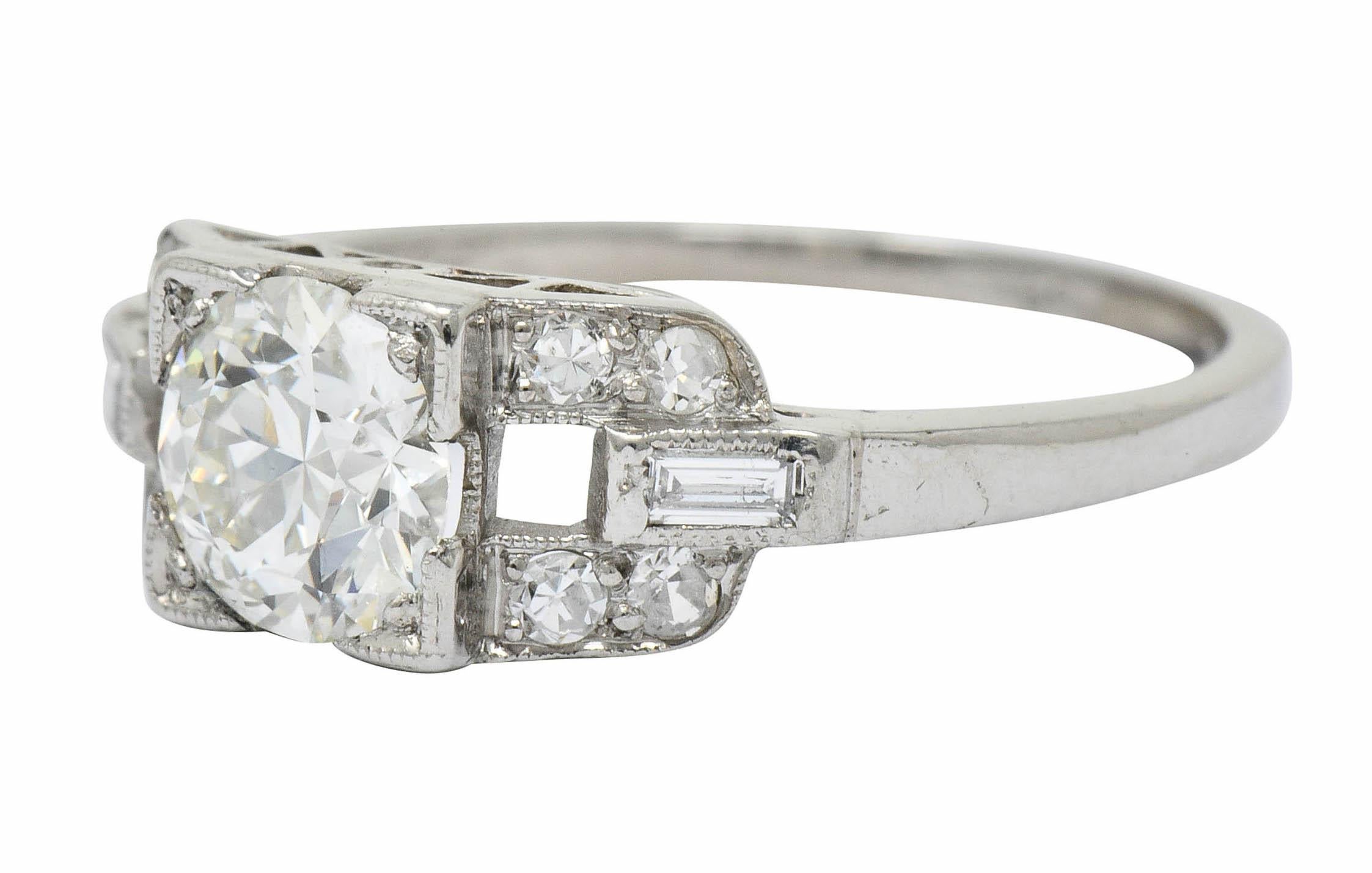 Women's or Men's 1950's Mid-Century 1.07 CTW Diamond Platinum Buckle Engagement Ring For Sale
