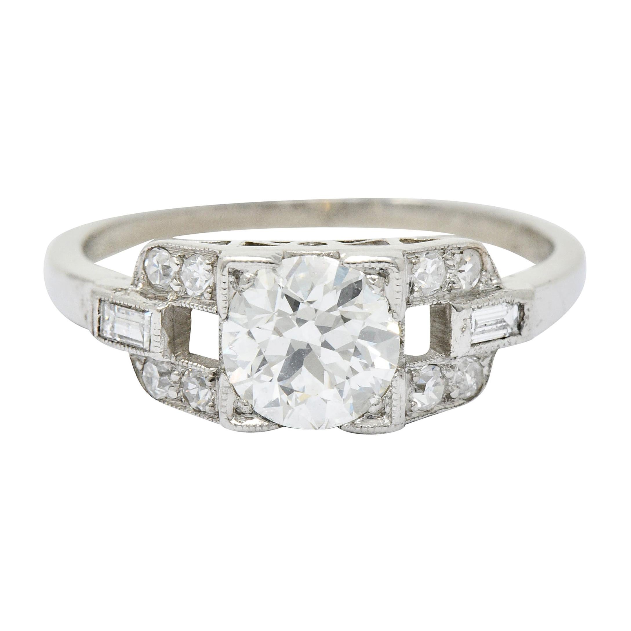 1950's Mid-Century 1.07 CTW Diamond Platinum Buckle Engagement Ring