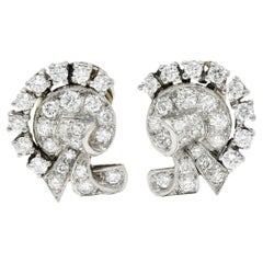 1950's Mid-Century 1.15 Carat Diamond Platinum Ribboned Ear-Clip Earrings