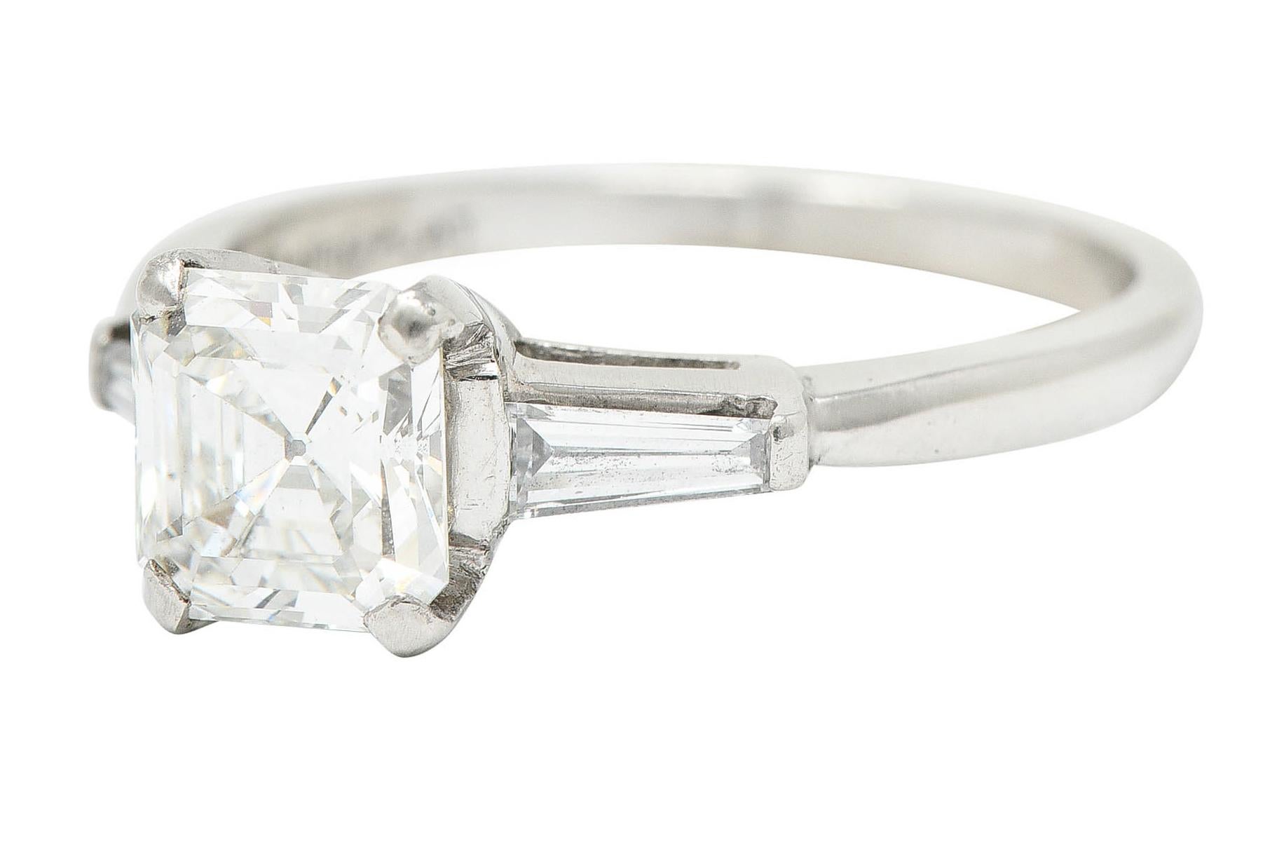 Women's or Men's 1950's Mid-Century 1.24 Carats Asscher Diamond Platinum Engagement Ring GIA