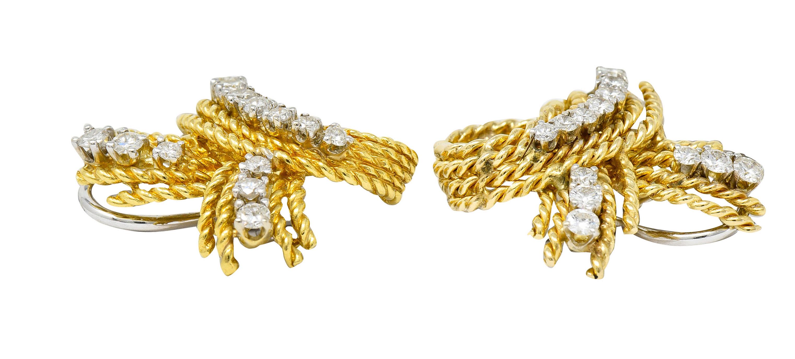 1950's Mid-Century 1.45 Carats Diamond 18 Karat Two-Tone Gold Twisted Earrings In Excellent Condition In Philadelphia, PA