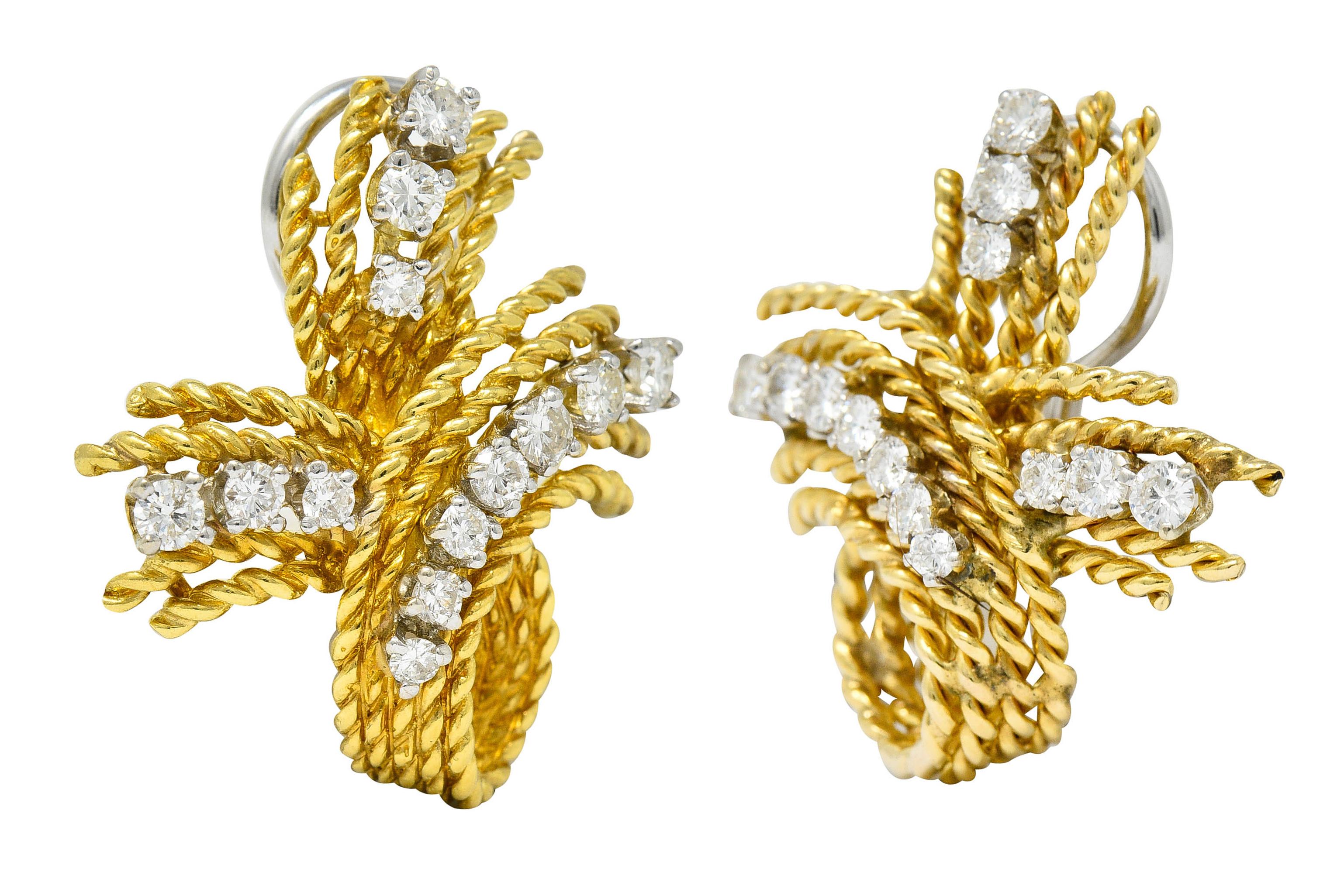 Women's or Men's 1950's Mid-Century 1.45 Carats Diamond 18 Karat Two-Tone Gold Twisted Earrings