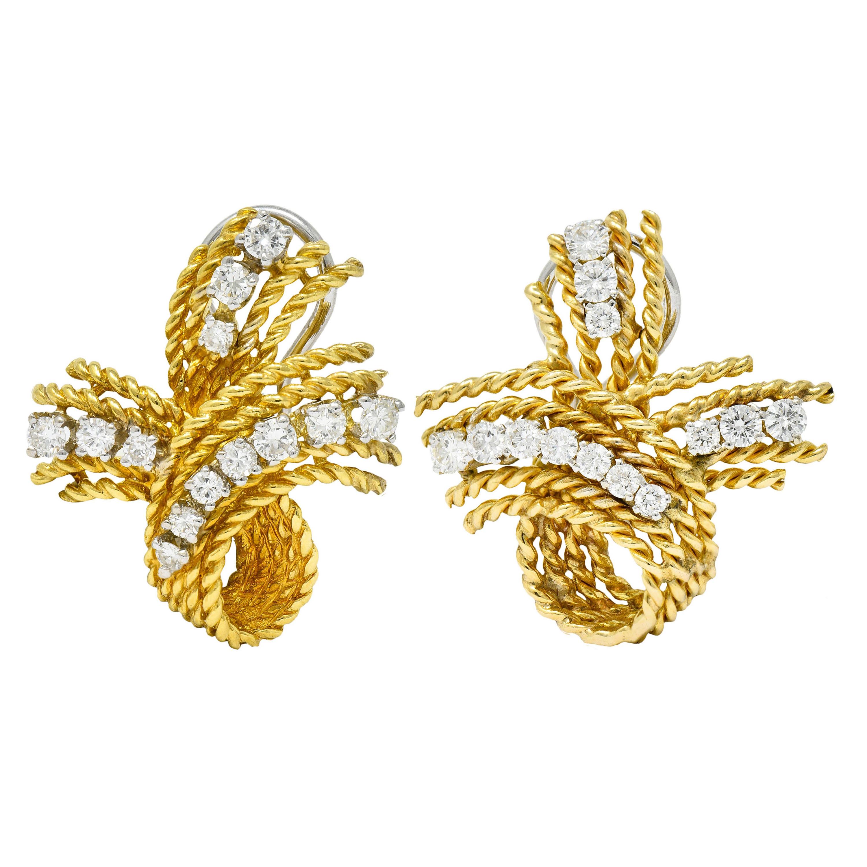 1950's Mid-Century 1.45 Carats Diamond 18 Karat Two-Tone Gold Twisted Earrings