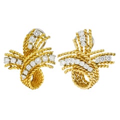 1950
s Mid-Century 1.45 Carats Diamond 18 Karat Two-Tone Gold Twisted Earrings
