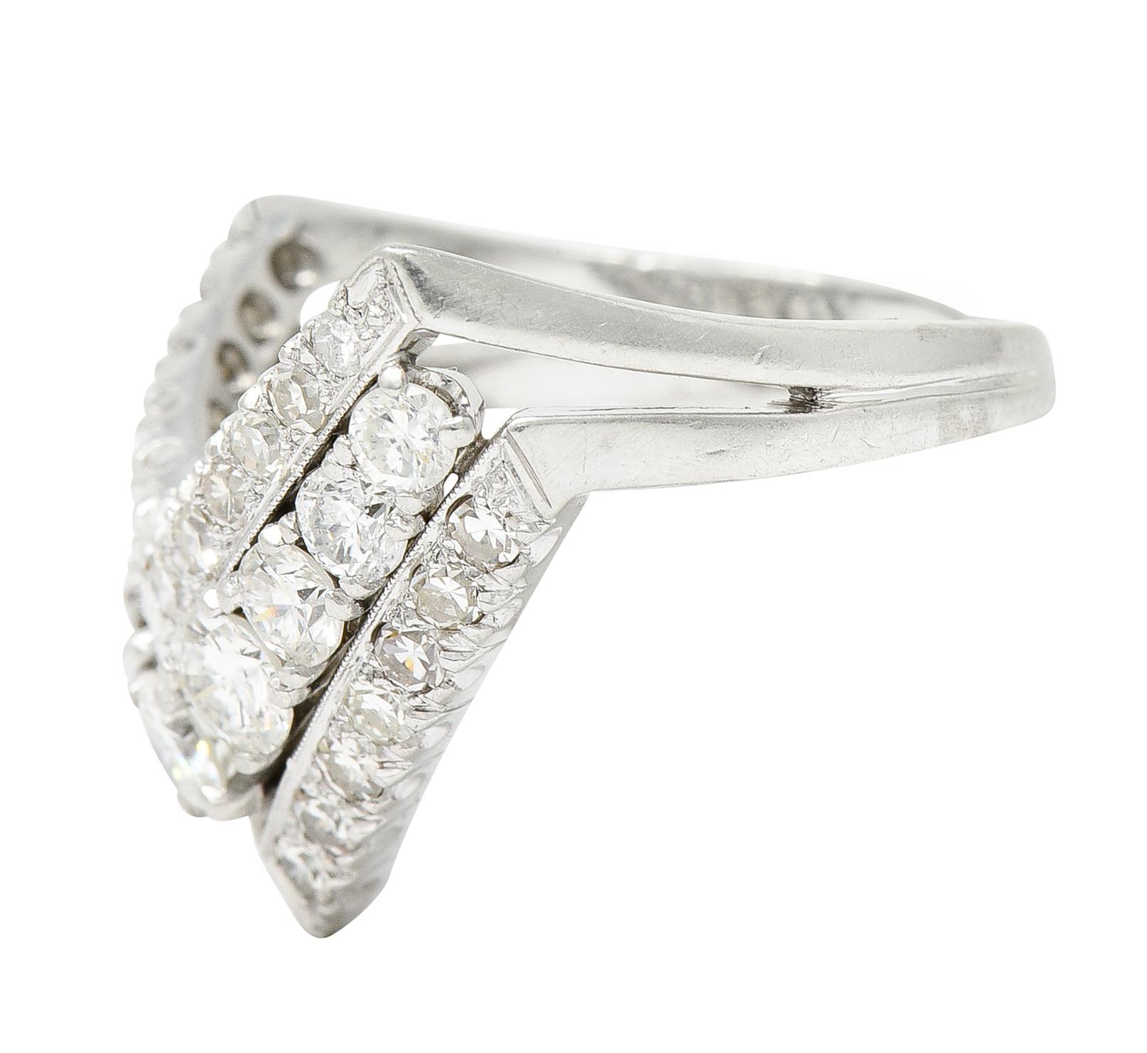 1950's Mid-Century 1.50 Carats Diamond Platinum Chevron Band Ring In Excellent Condition In Philadelphia, PA