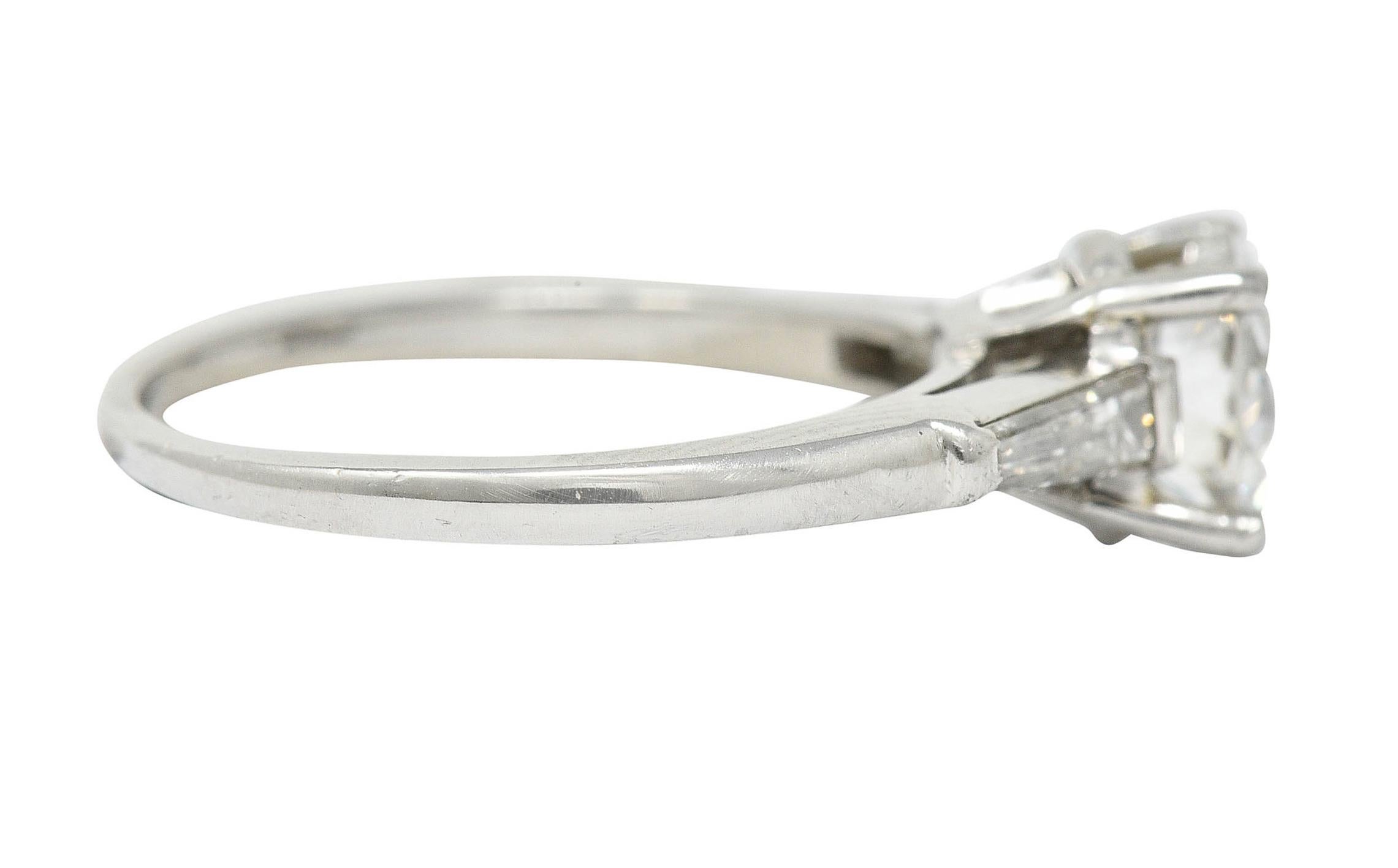 Round Cut 1950's Mid-Century 1.54 CTW Diamond Platinum Three Stone Engagement Ring GIA For Sale