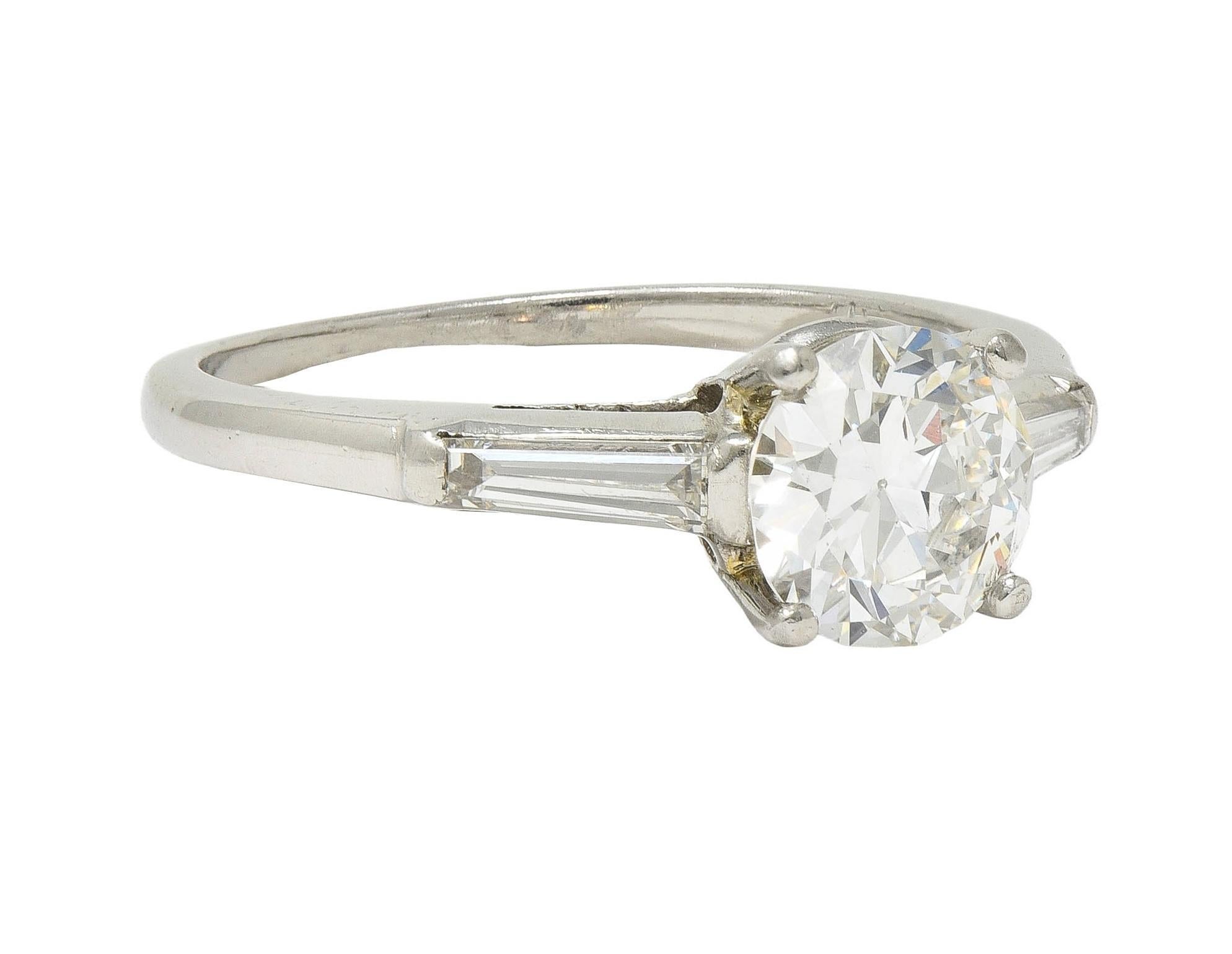 Round Cut 1950's Mid-Century 1.54 CTW Diamond Platinum Three Stone Engagement Ring GIA For Sale