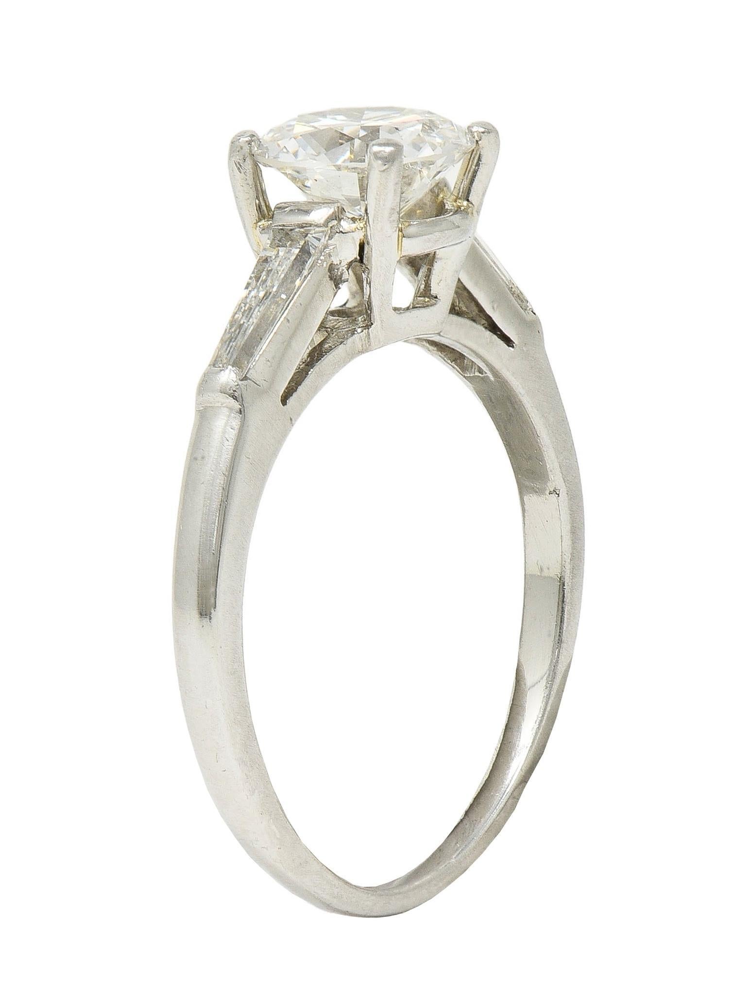 1950's Mid-Century 1.54 CTW Diamond Platinum Three Stone Engagement Ring GIA In Excellent Condition For Sale In Philadelphia, PA