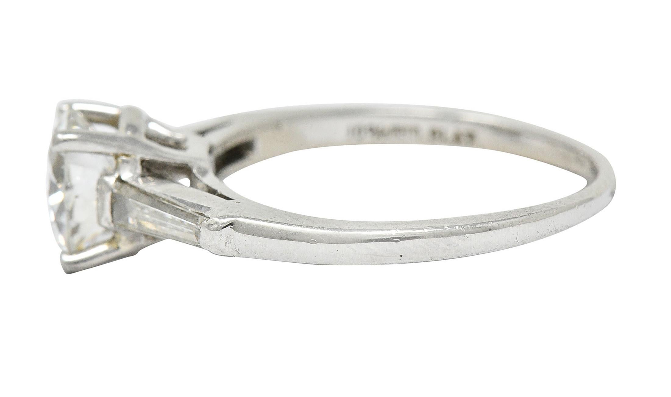 Women's or Men's 1950's Mid-Century 1.54 CTW Diamond Platinum Three Stone Engagement Ring GIA For Sale