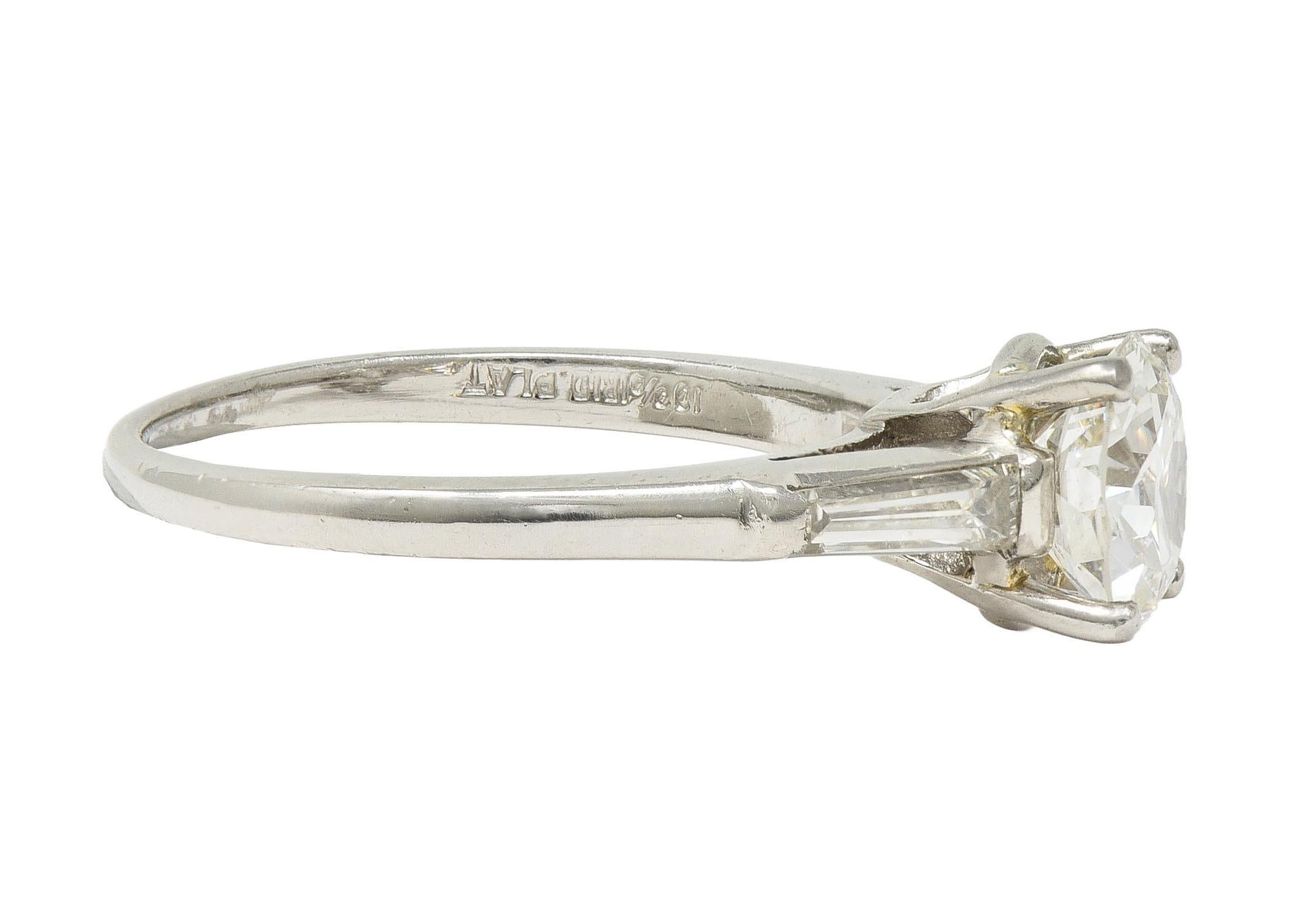 Women's or Men's 1950's Mid-Century 1.54 CTW Diamond Platinum Three Stone Engagement Ring GIA For Sale