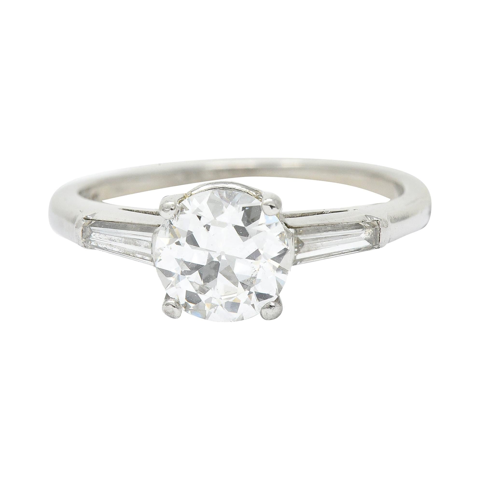 1950's Mid-Century 1.54 CTW Diamond Platinum Three Stone Engagement Ring GIA For Sale