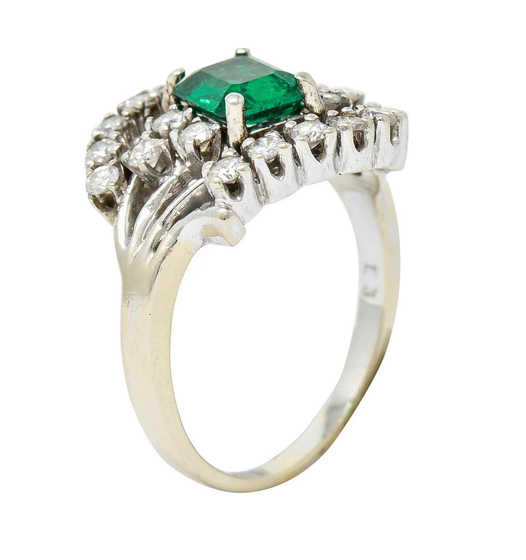 1950's Mid-Century 1.59 Carats Emerald Diamond 14 Karat White Gold Bypass Ring For Sale 4