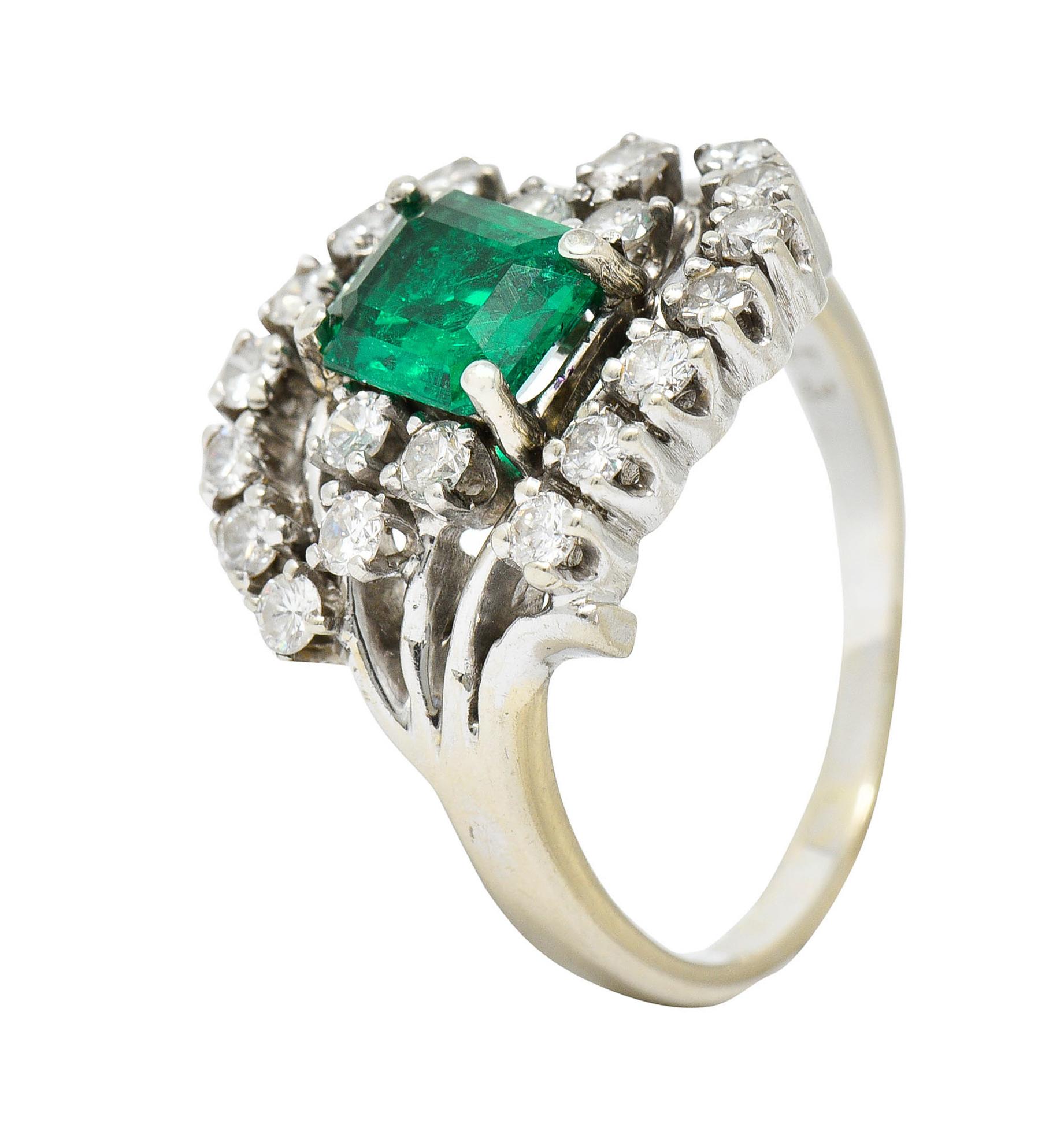 1950's Mid-Century 1.59 Carats Emerald Diamond 14 Karat White Gold Bypass Ring For Sale 5