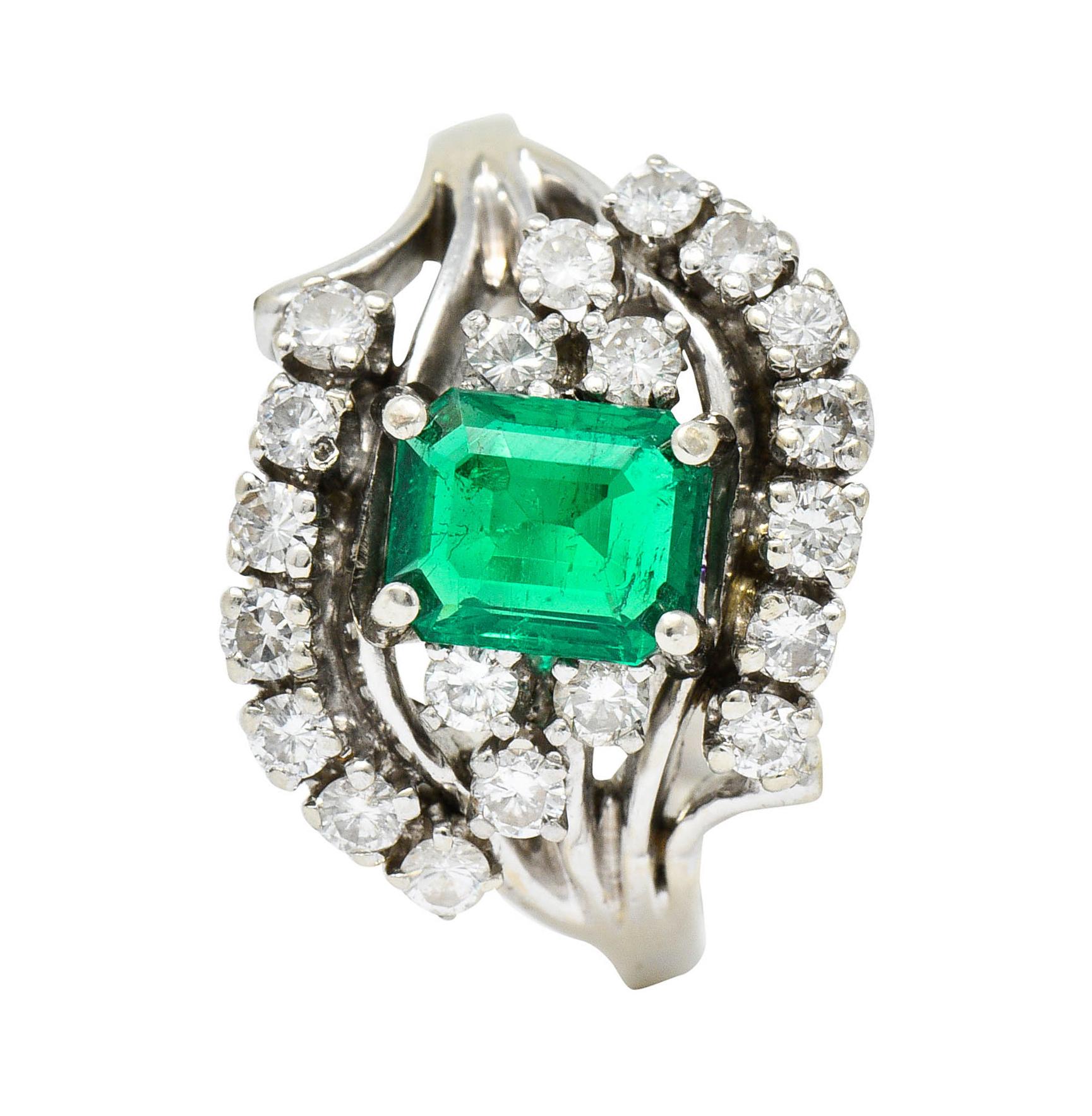 1950's Mid-Century 1.59 Carats Emerald Diamond 14 Karat White Gold Bypass Ring For Sale 6
