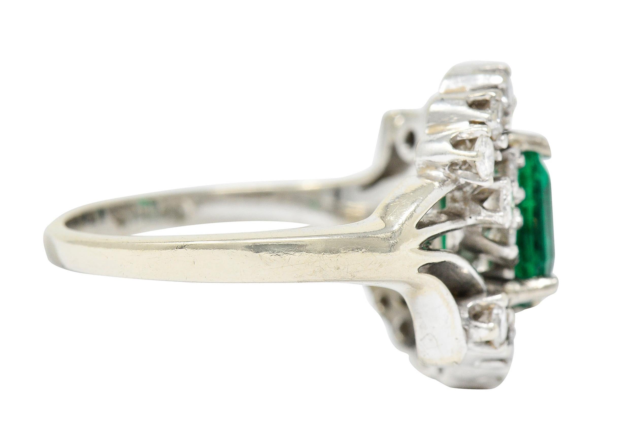 Retro 1950's Mid-Century 1.59 Carats Emerald Diamond 14 Karat White Gold Bypass Ring For Sale