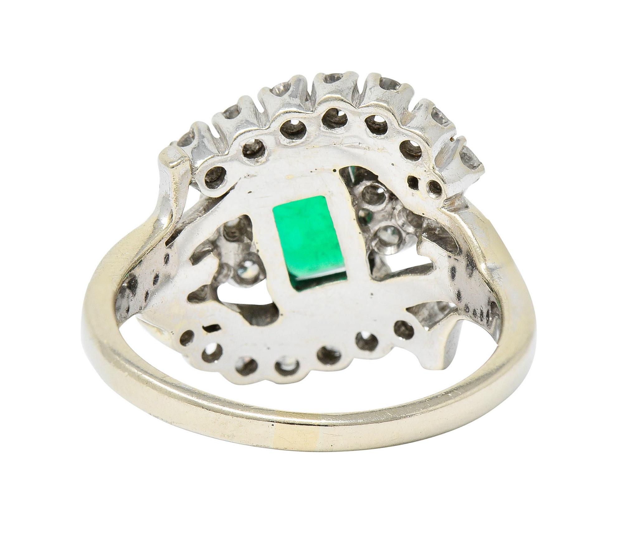 Emerald Cut 1950's Mid-Century 1.59 Carats Emerald Diamond 14 Karat White Gold Bypass Ring For Sale