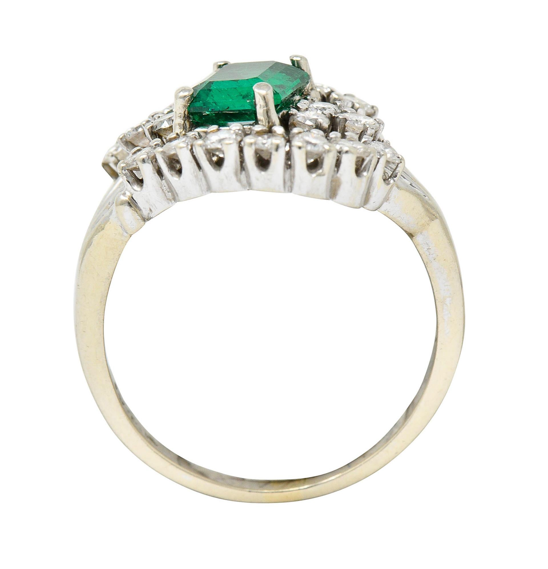 1950's Mid-Century 1.59 Carats Emerald Diamond 14 Karat White Gold Bypass Ring For Sale 3