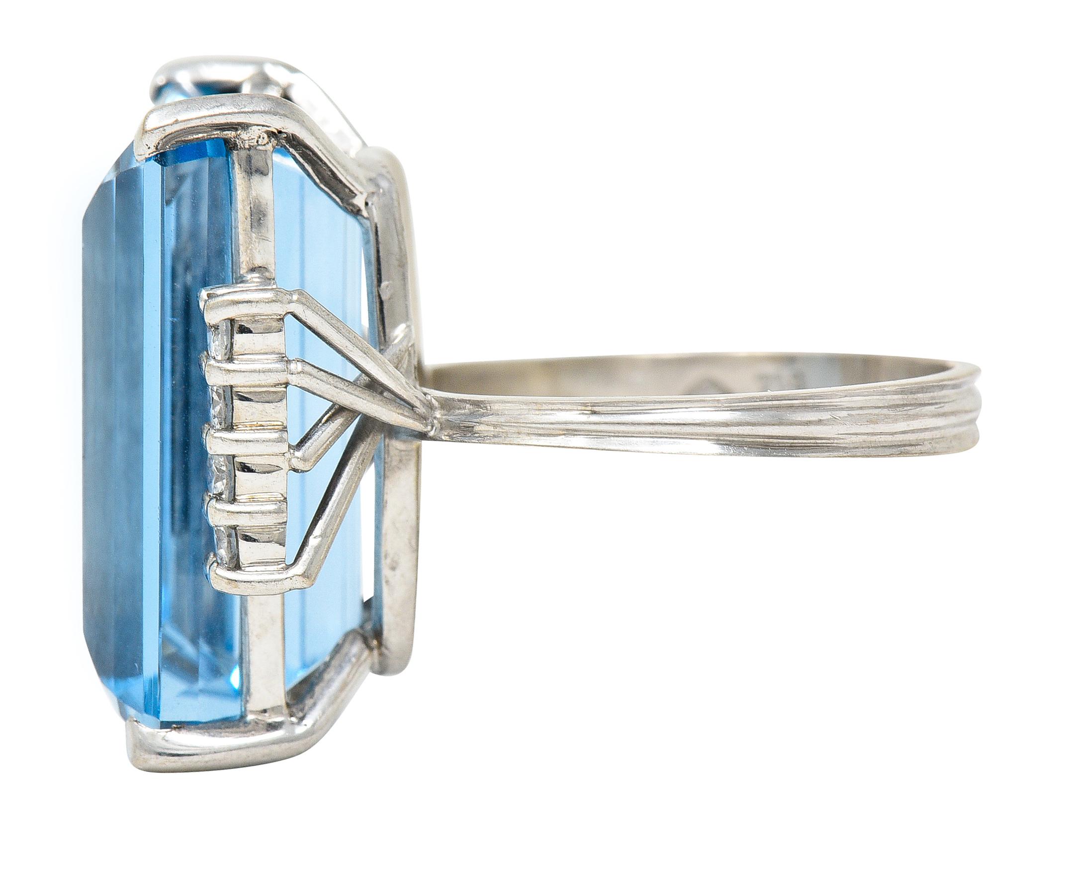 1950's Mid-Century 18.60 Carats Aquamarine Diamond 18 Karat White Gold Ring In Excellent Condition For Sale In Philadelphia, PA