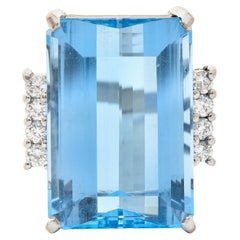 Retro 1950's Mid-Century 18.60 Carats Aquamarine Diamond 18 Karat White Gold Ring