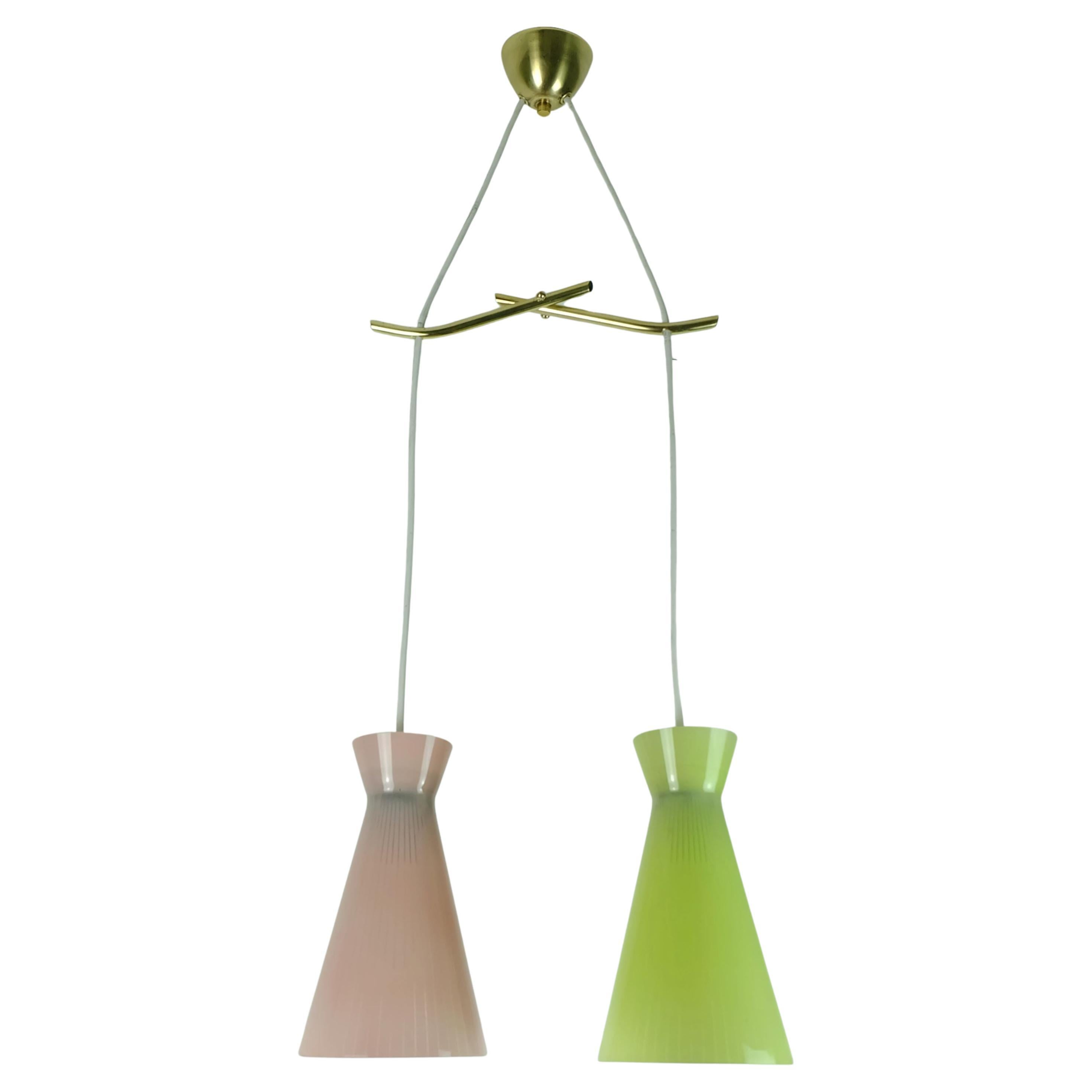 1950s mid century 2-light mid century PENDANT LIGHT glass shades and brass