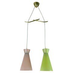 1950s mid century 2-light mid century PENDANT LIGHT glass shades and brass