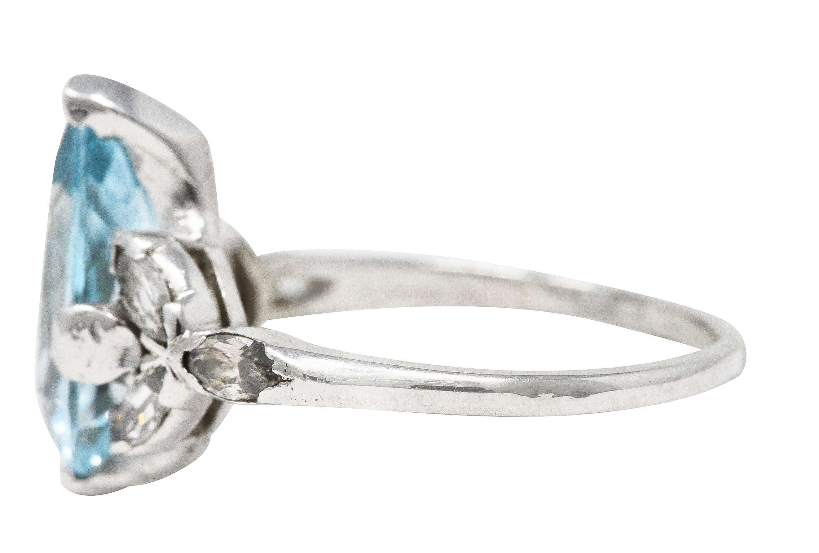 Pear Cut 1950's Mid-Century 2.00 Carats Aquamarine Diamond Platinum Vintage Gemstone Ring For Sale