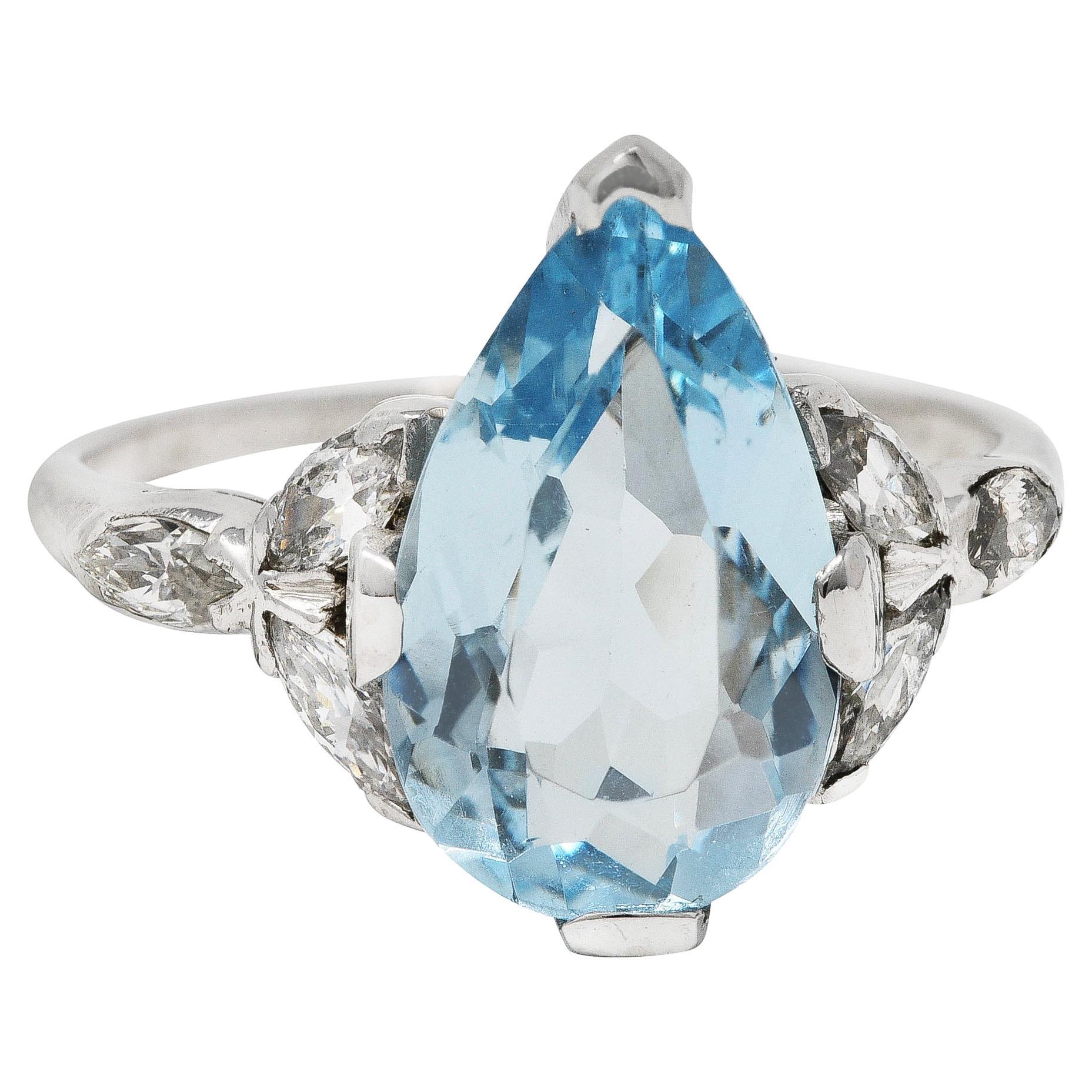 1950's Mid-Century 2.00 Carats Aquamarine Diamond Platinum Vintage Gemstone Ring For Sale
