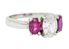 1950's Mid-Century 2.13 Carats Diamond Ruby Platinum Three Stone Ring GIA