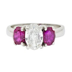 1950's Mid-Century 2.13 Carats Diamond Ruby Platinum Three Stone Ring GIA