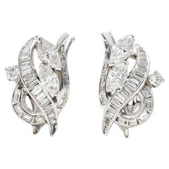 1950's Mid-Century 2.20 Carats Diamond 14 Karat White Gold Ear-Clip Earrings