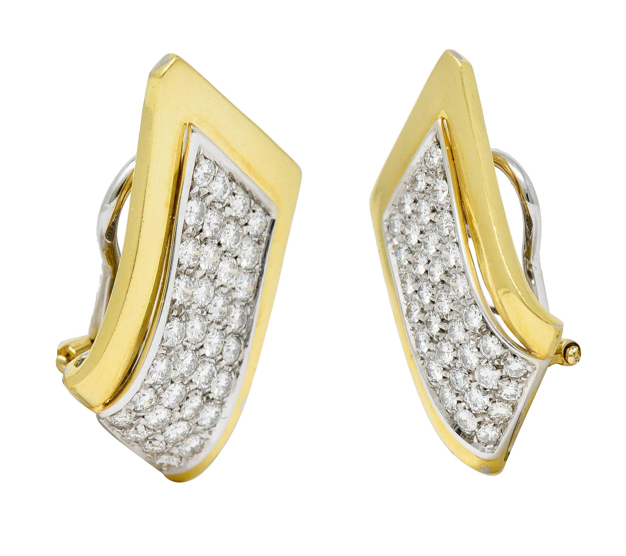 1950's Mid-Century 2.50 Carats Pave Diamond 18 Karat Two-Tone Gold Earrings In Excellent Condition In Philadelphia, PA