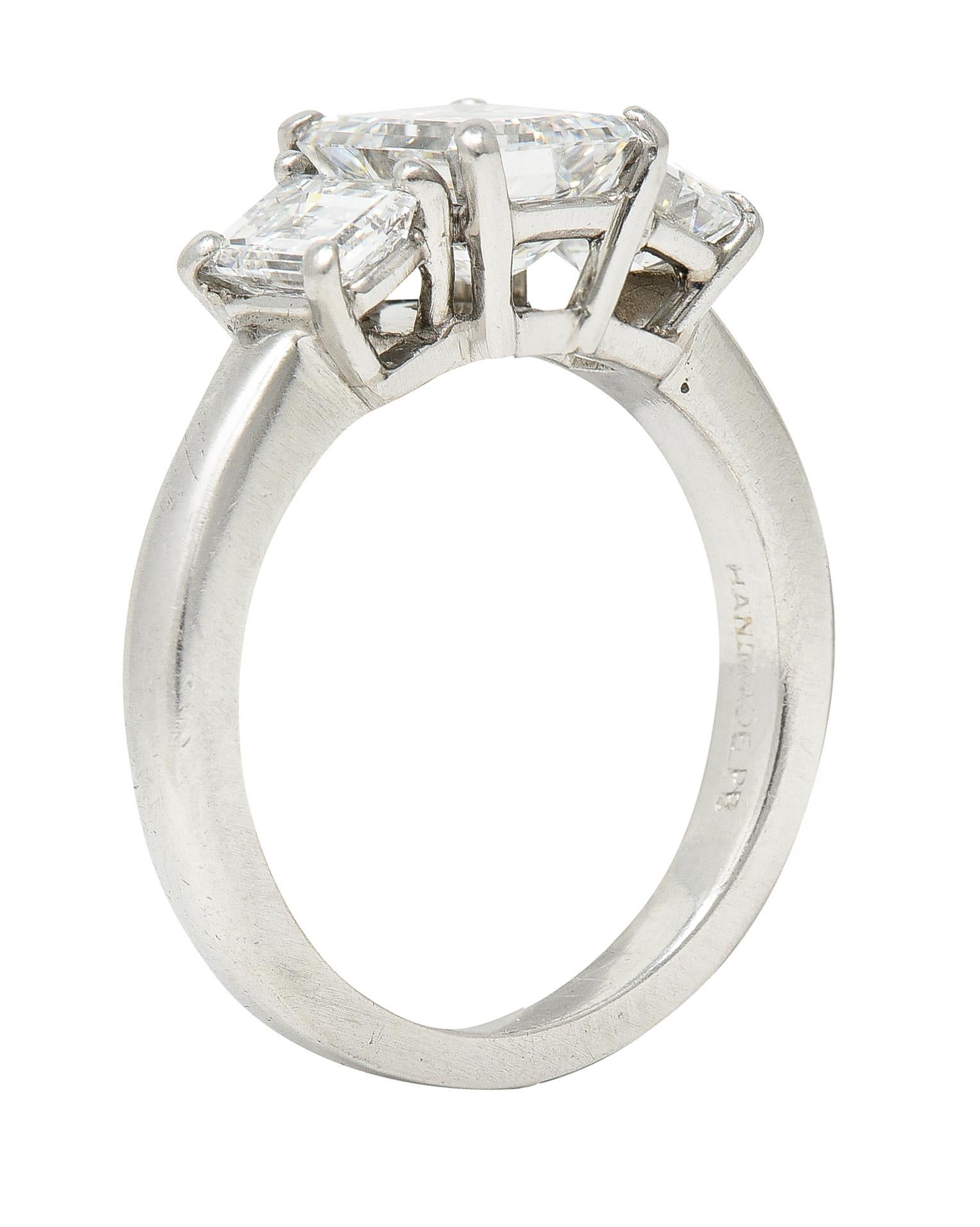 1950's Mid-Century 2.51 Carats Emerald Cut Diamond Platinum Three Stone Ring 5