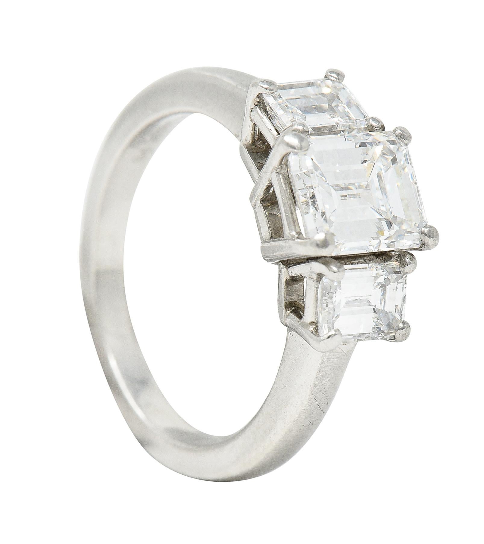 1950's Mid-Century 2.51 Carats Emerald Cut Diamond Platinum Three Stone Ring 6