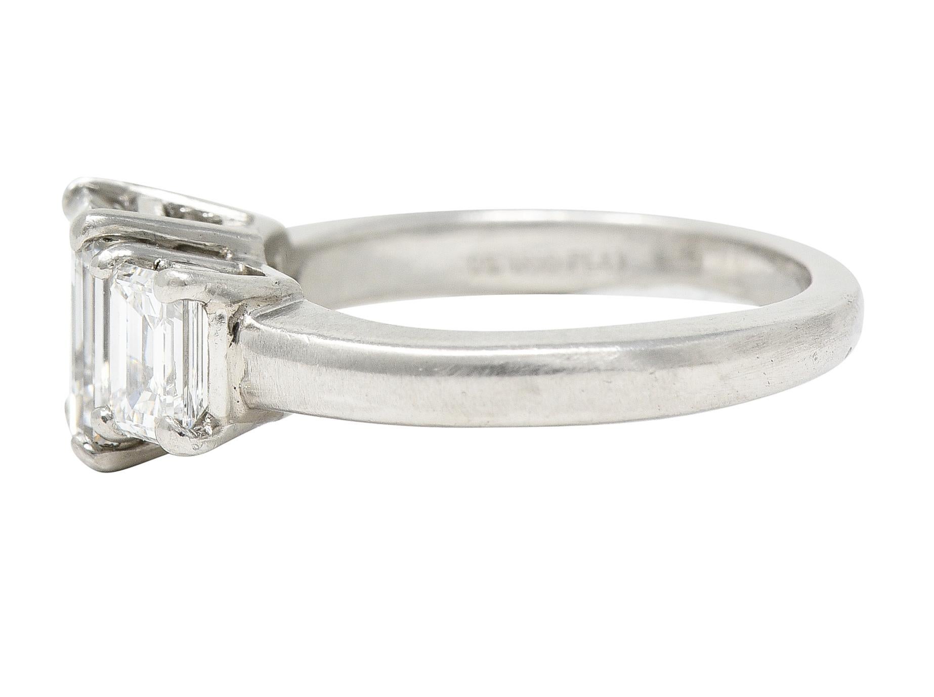 Women's or Men's 1950's Mid-Century 2.51 Carats Emerald Cut Diamond Platinum Three Stone Ring
