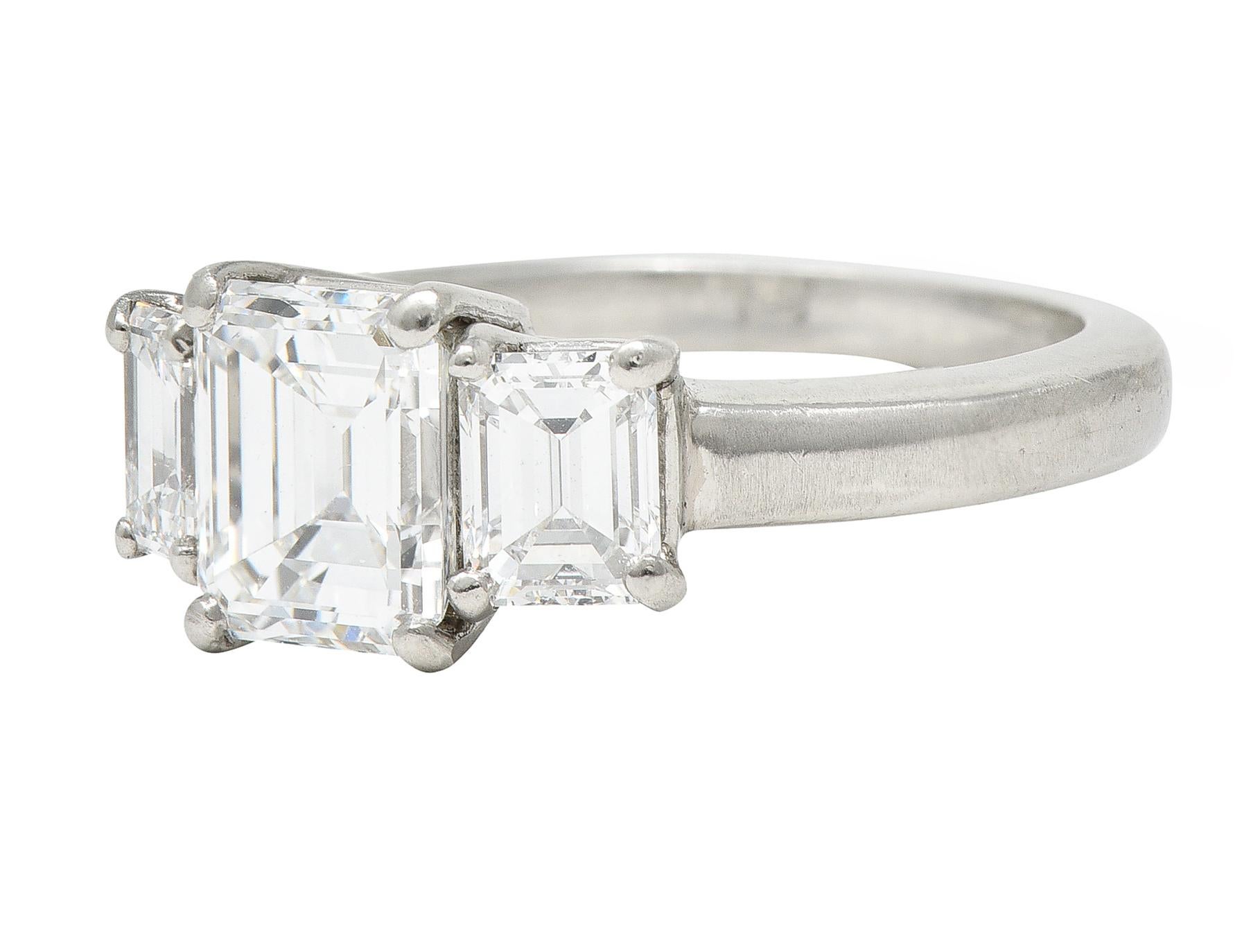 1950's Mid-Century 2.51 Carats Emerald Cut Diamond Platinum Three Stone Ring 1