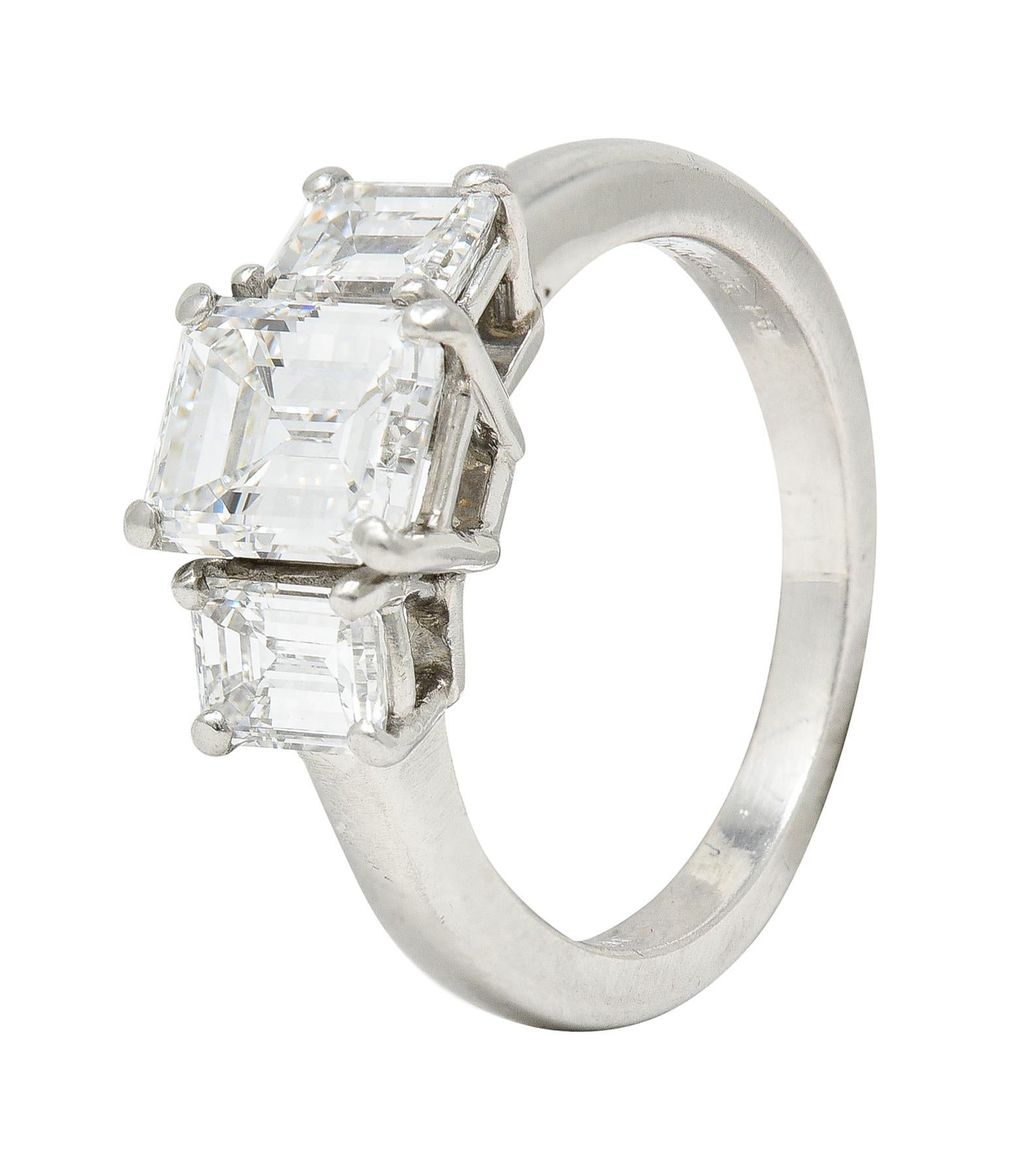 1950's Mid-Century 2.51 Carats Emerald Cut Diamond Platinum Three Stone Ring 3