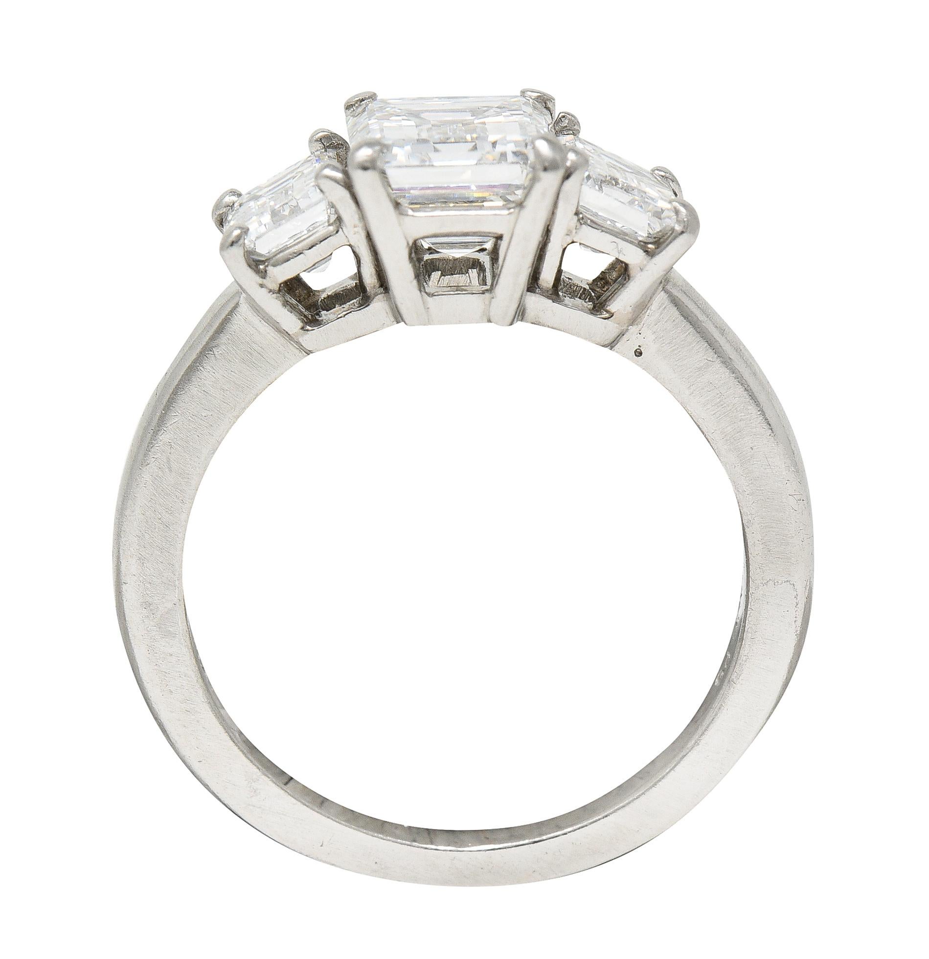 1950's Mid-Century 2.51 Carats Emerald Cut Diamond Platinum Three Stone Ring 4