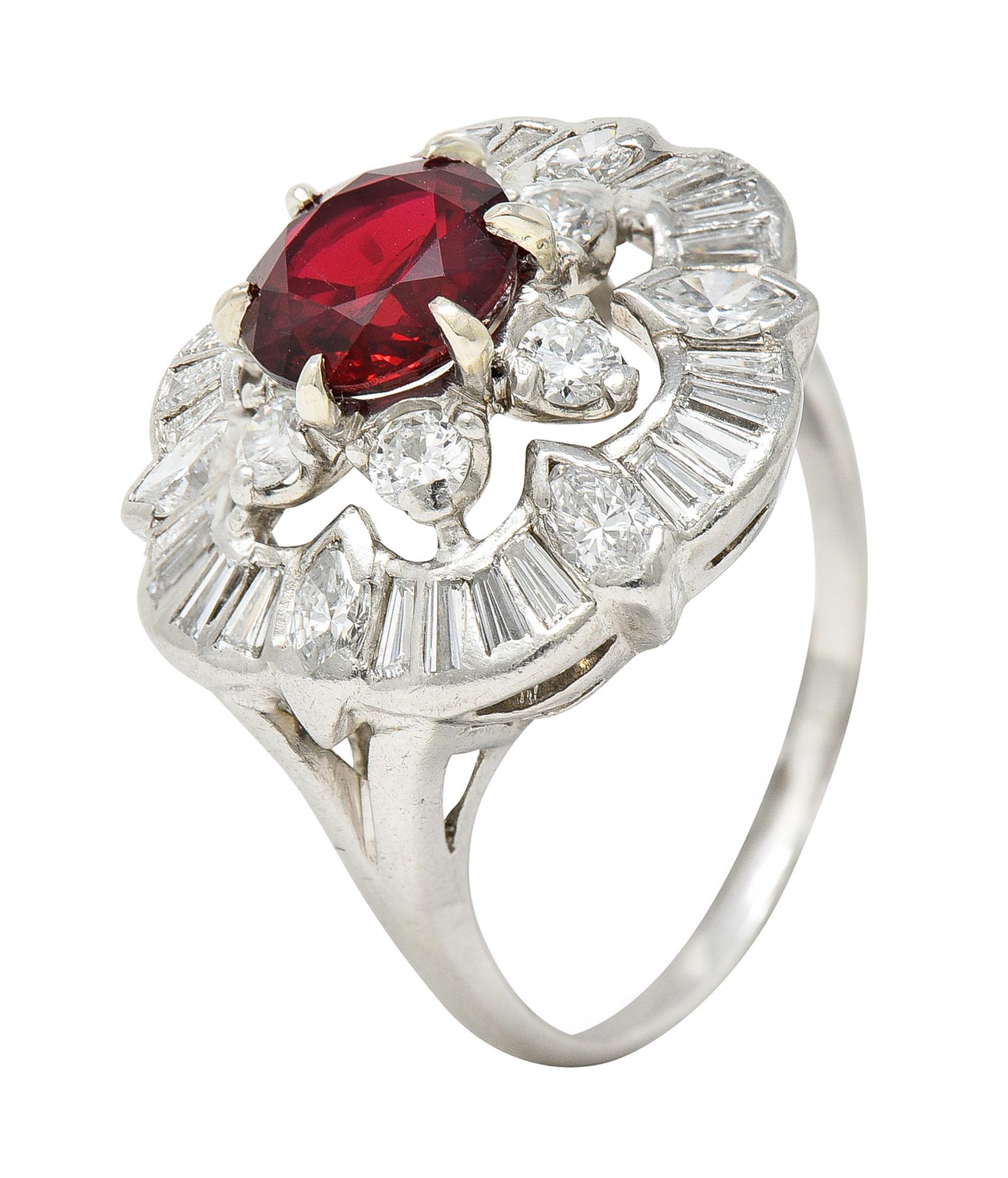 1950's Mid-Century 2.77 Carats Red Spinel Diamond Platinum Cluster Cocktail Ring For Sale 5