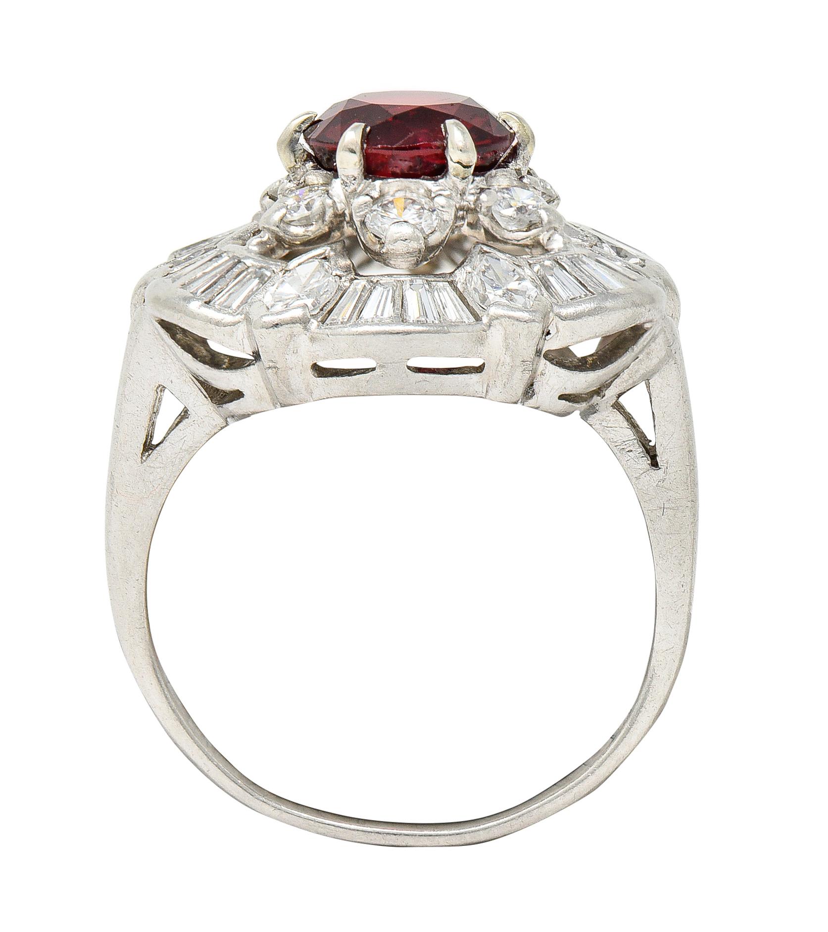 1950's Mid-Century 2.77 Carats Red Spinel Diamond Platinum Cluster Cocktail Ring For Sale 6