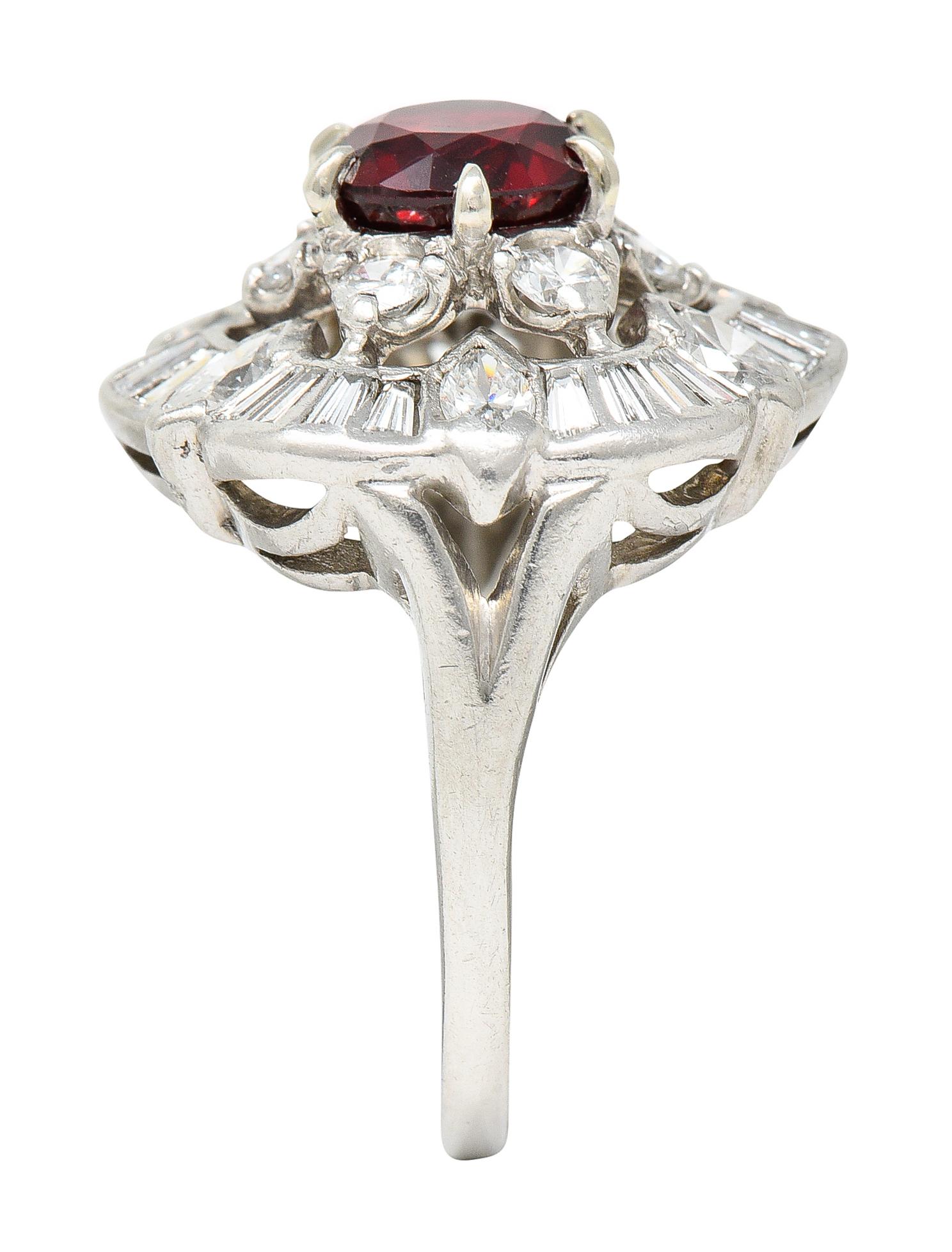 1950's Mid-Century 2.77 Carats Red Spinel Diamond Platinum Cluster Cocktail Ring For Sale 7