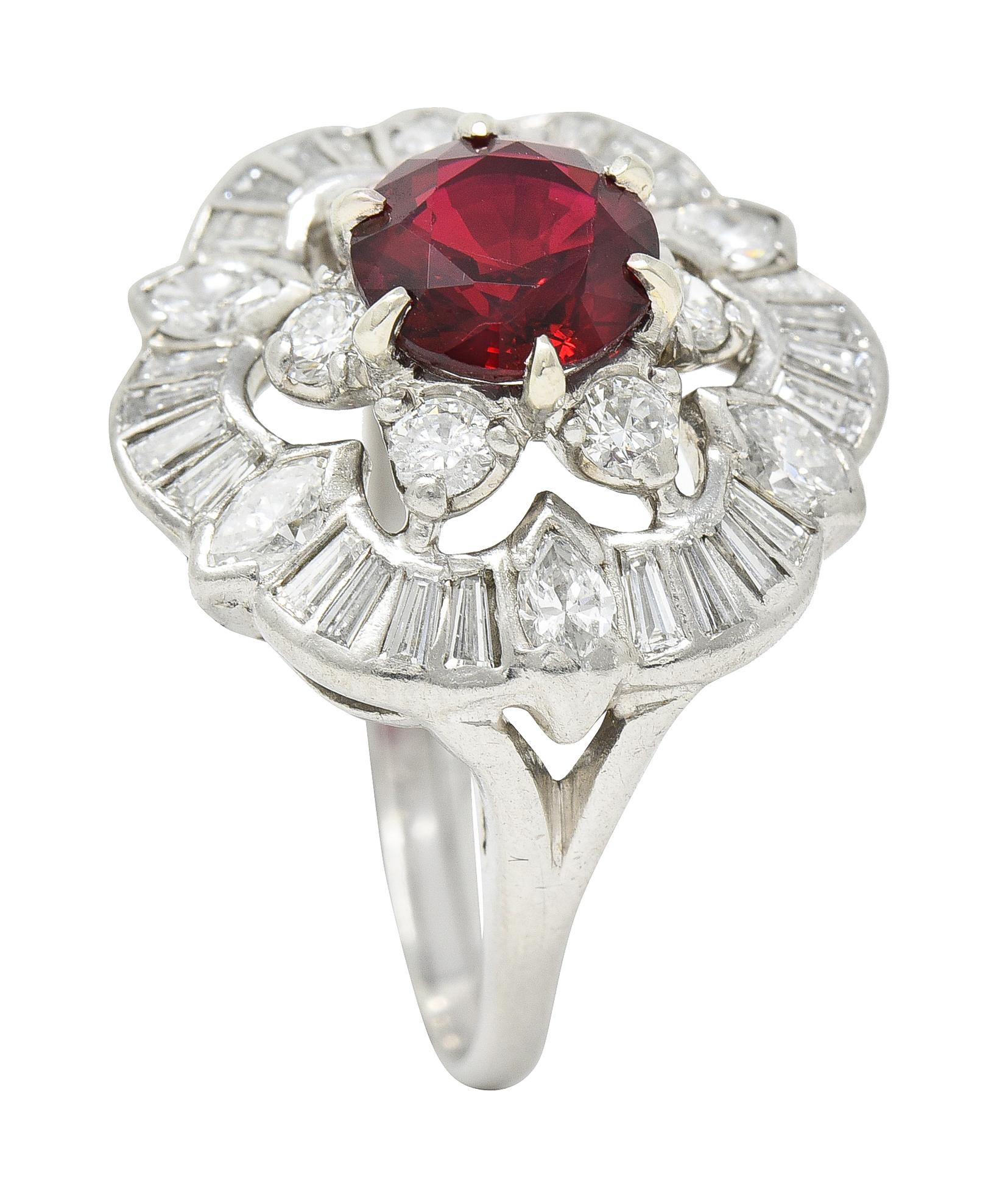 1950's Mid-Century 2.77 Carats Red Spinel Diamond Platinum Cluster Cocktail Ring For Sale 8
